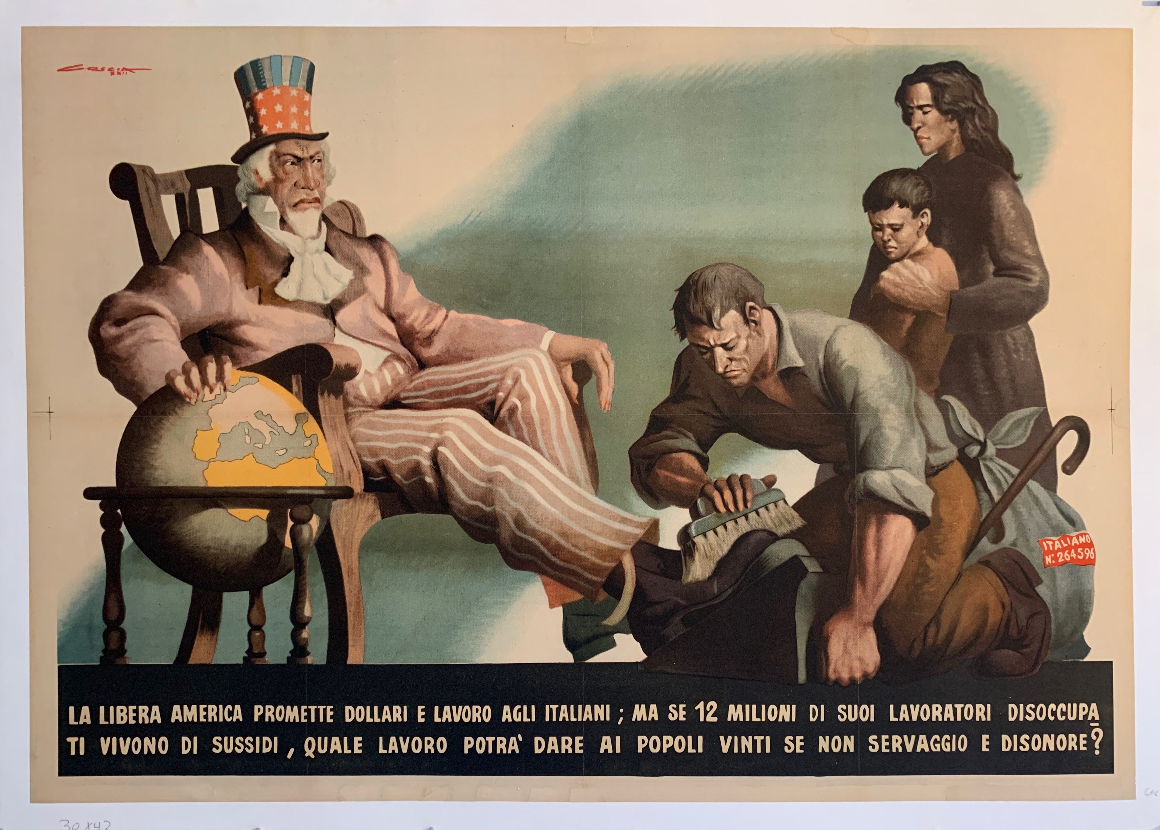 A cartoonish image of uncle sam in a chair wit a globe and immigrants at his feet. The font is in white against black on the bottom. This is horizontal.