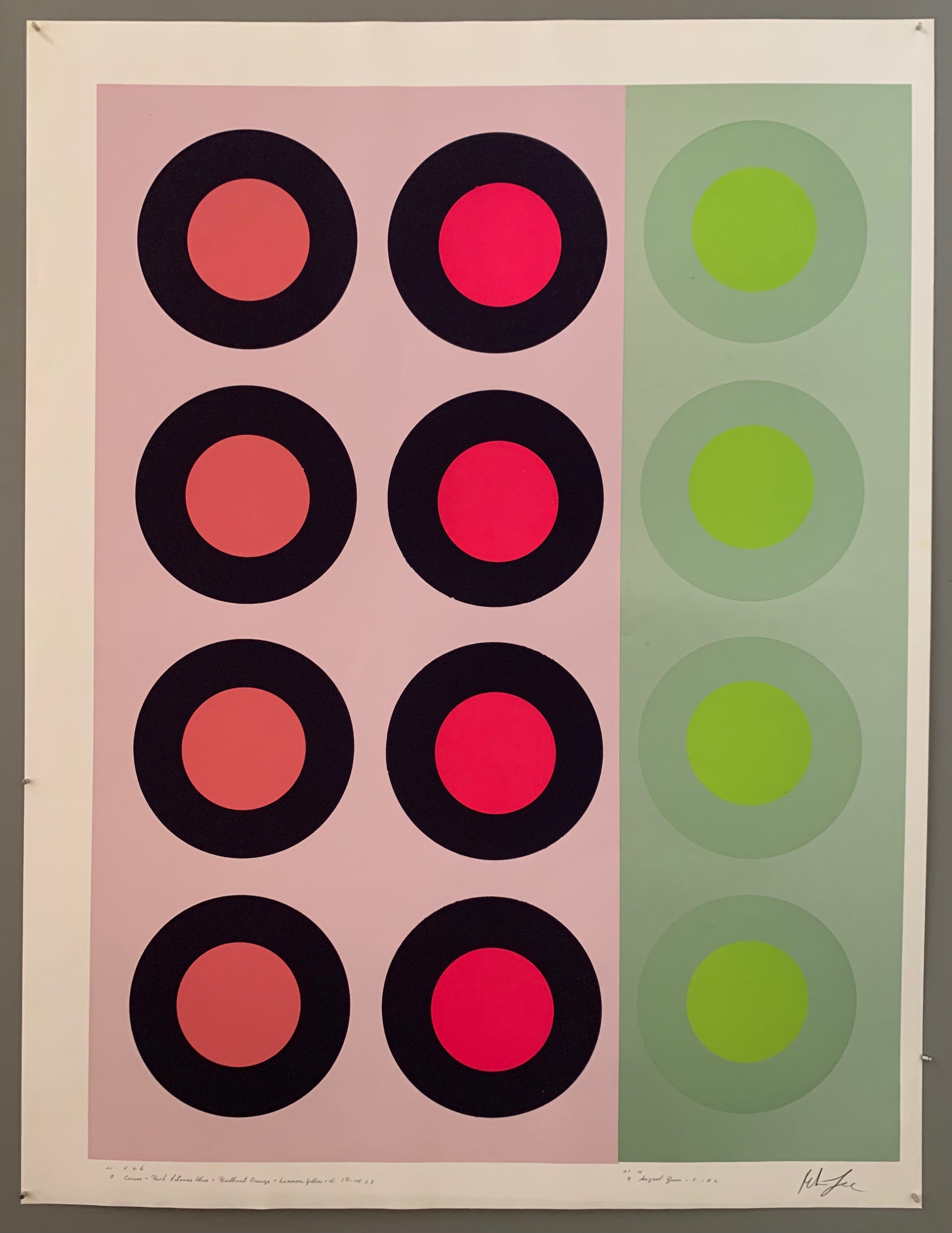 three rows of targets: on the left a pink panel with rosy pink and black targets, in the middle a pink panel with black and hot pink targets, and on the right a light sea green panel with turquoise and lime green targets. The print is signed by the artist on the bottom right.