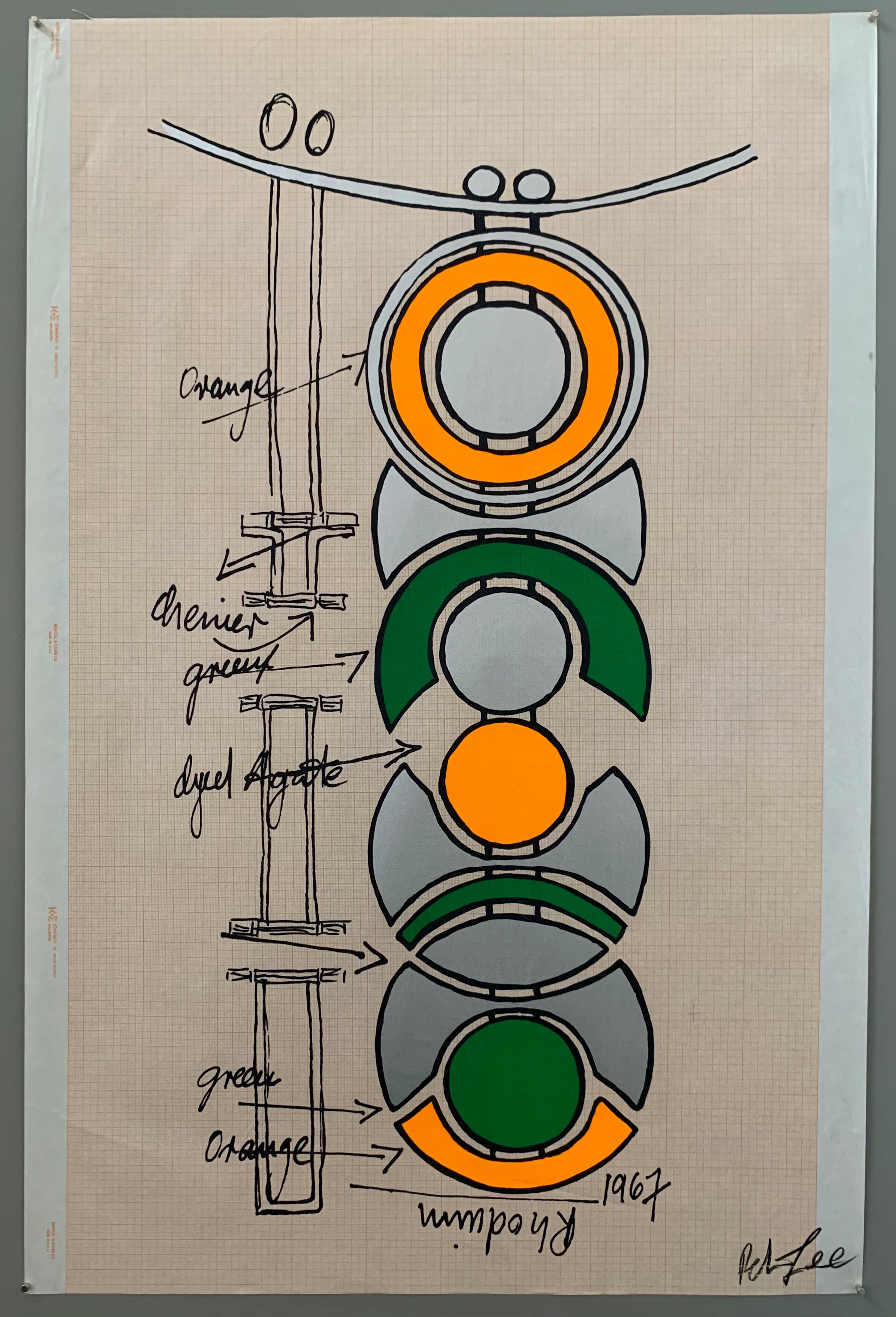 A somewhat abstract machinery diagram on graph paper using the colors of orange, green, and silver.