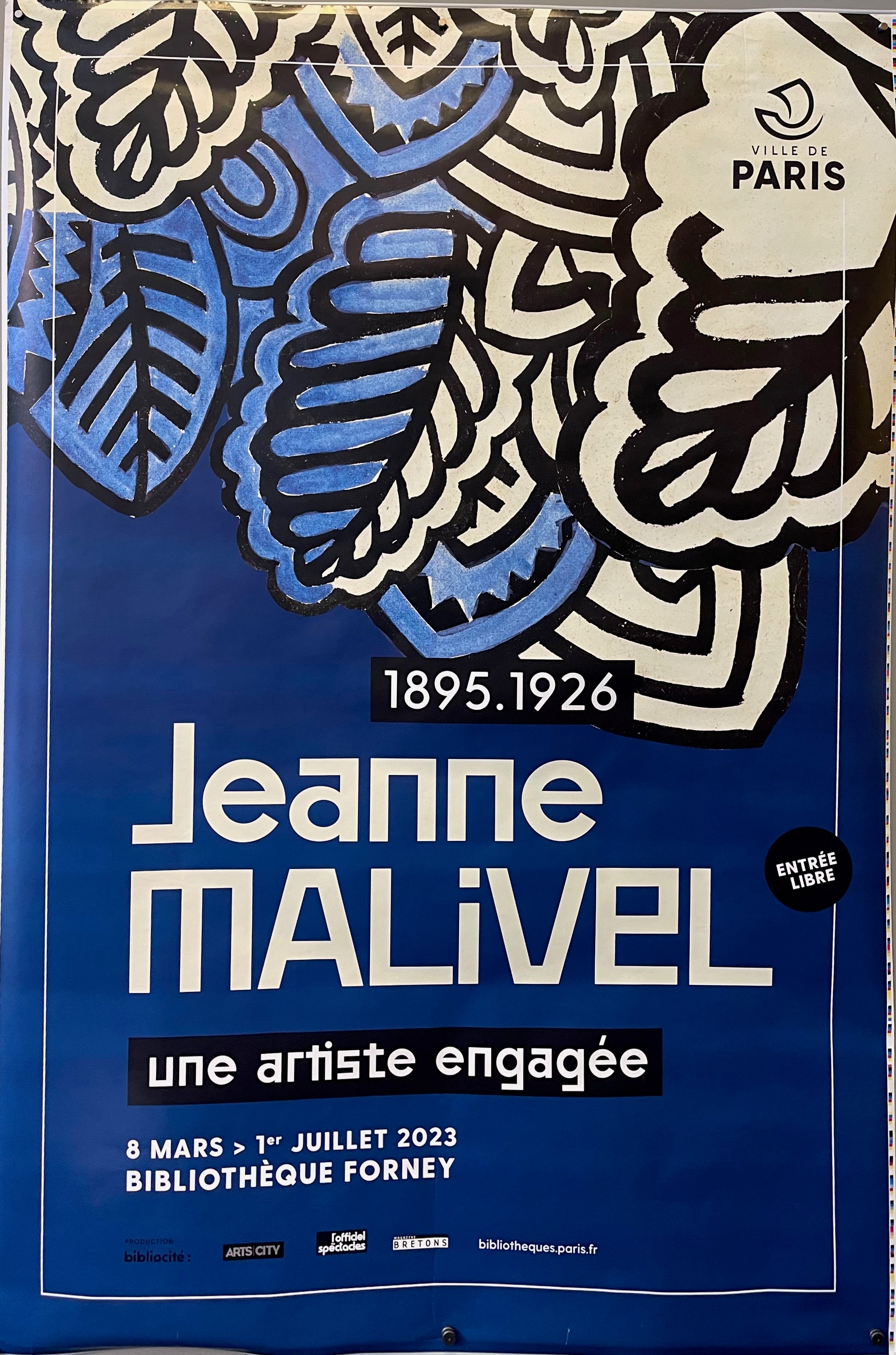 69 x 47 blue and white poster advertising a discussion on artist Jeanne Malivel