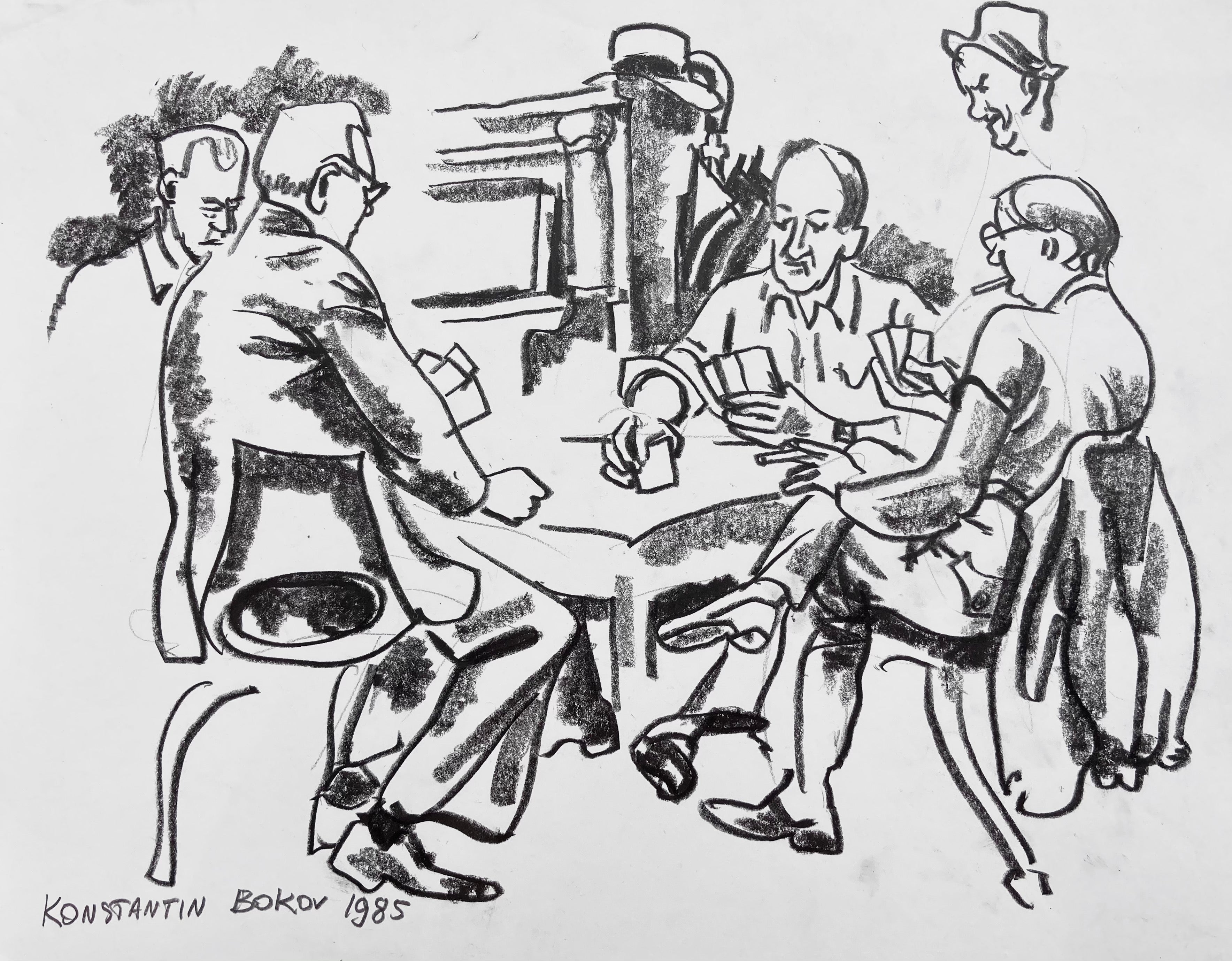 charcoal drawing of a card game