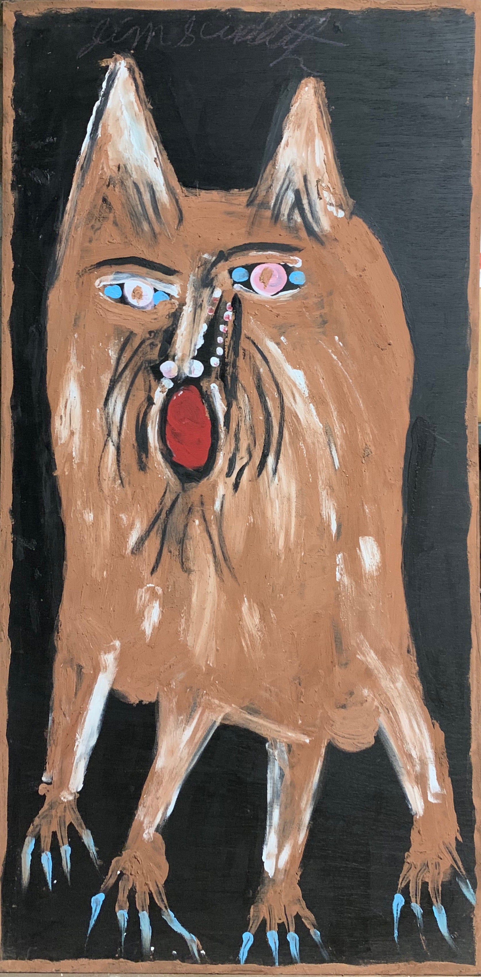 A painting of a scowling dog.