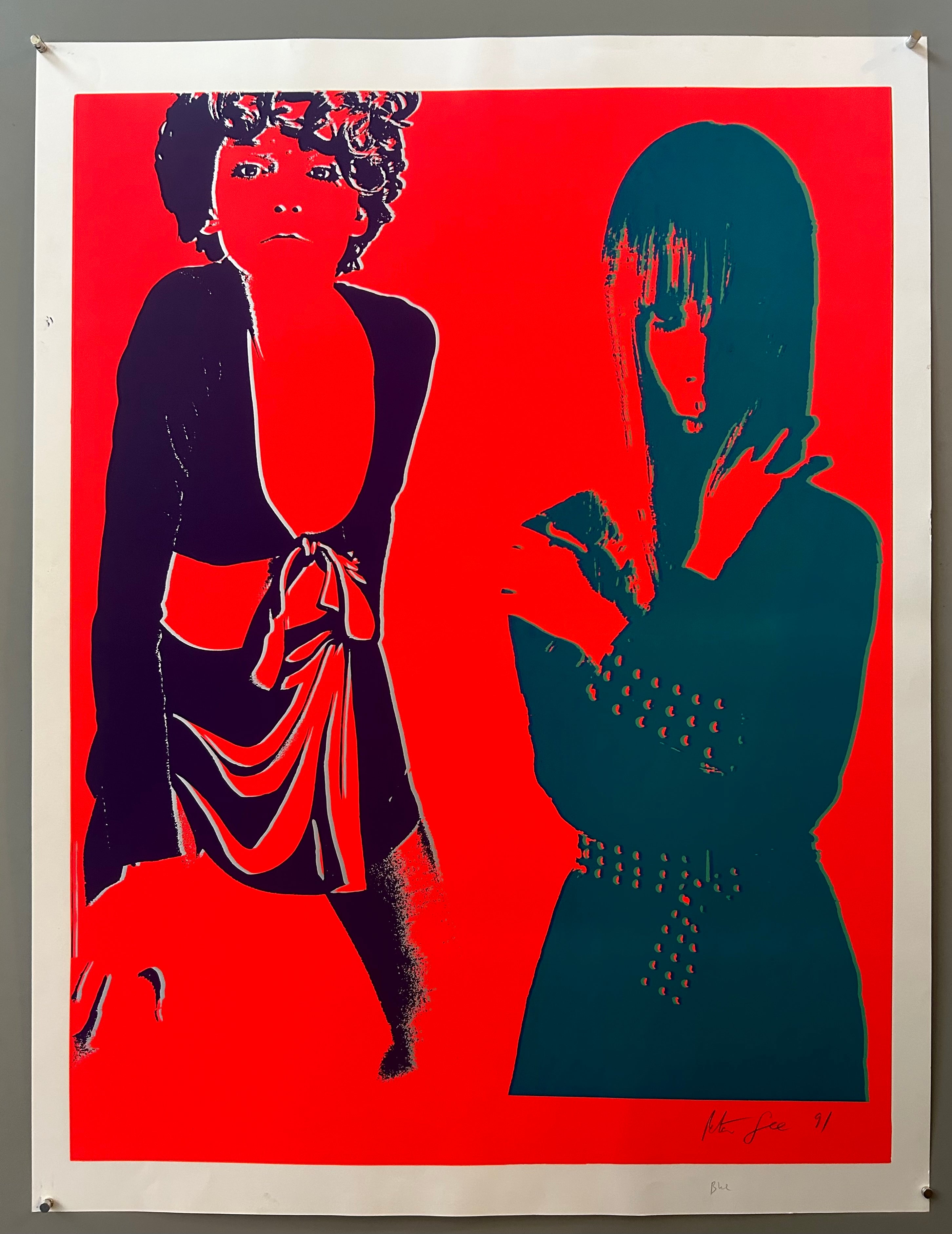 Two pop-art style images of women are side by side, with a pink background. The women are in green and blue.