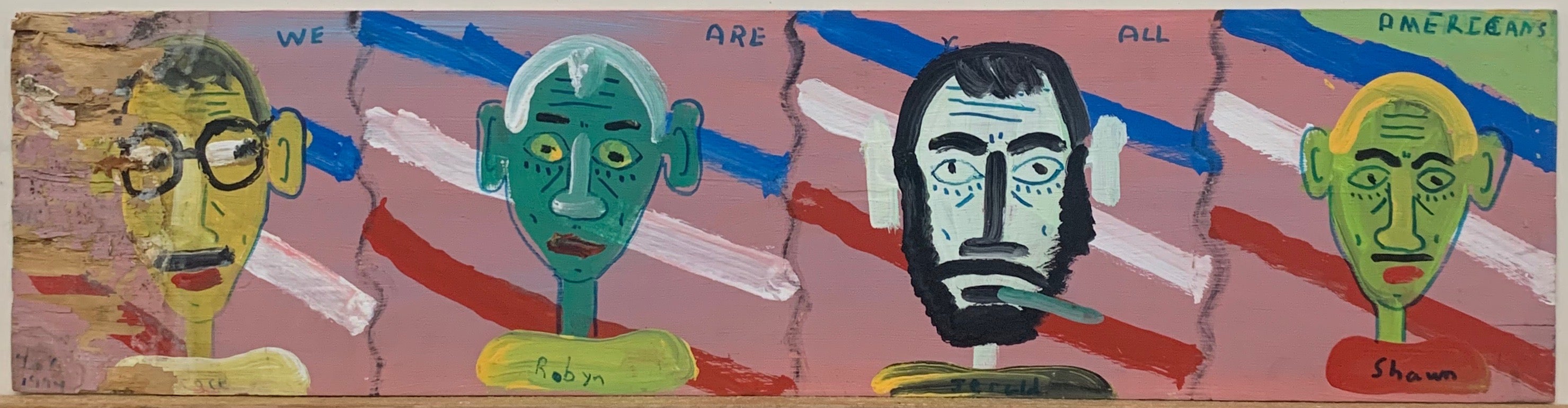 A painting by The Beaver divided into four quadrants. Inside of each quadrant is a man's portrait, standing in front of red, white, and blue stripes.