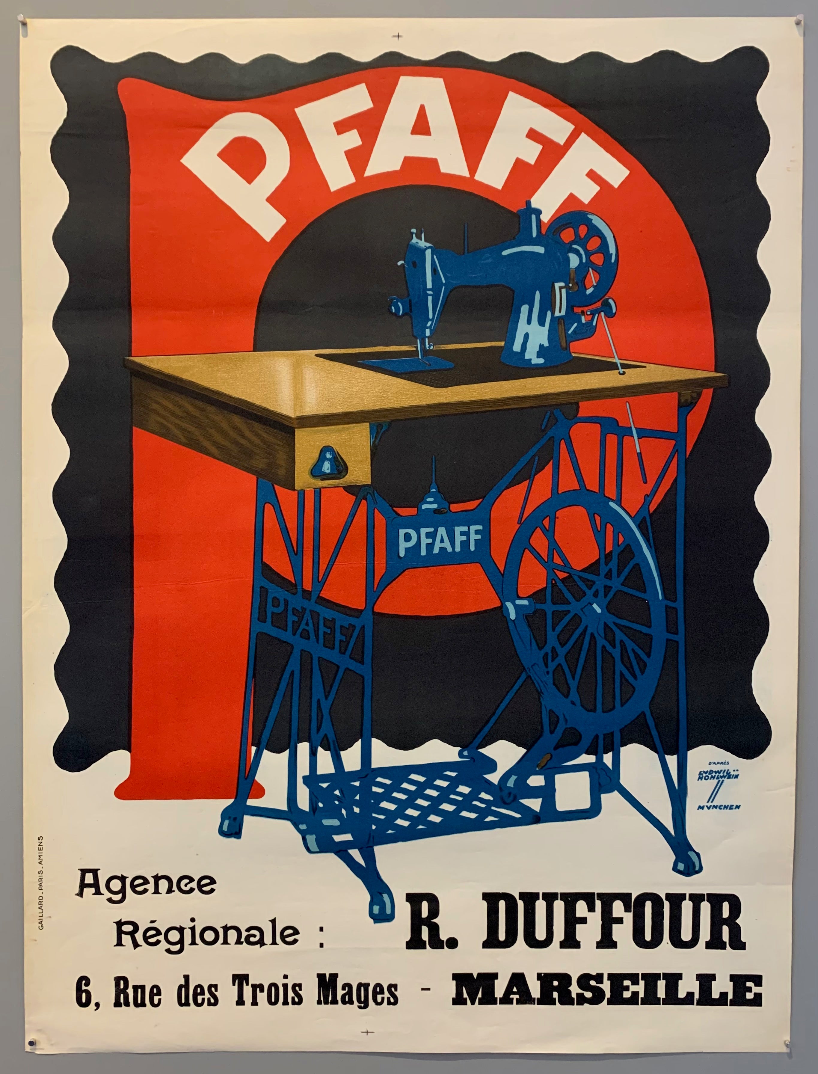 Poster shows an illustration of an old PFAFF sewing machine.