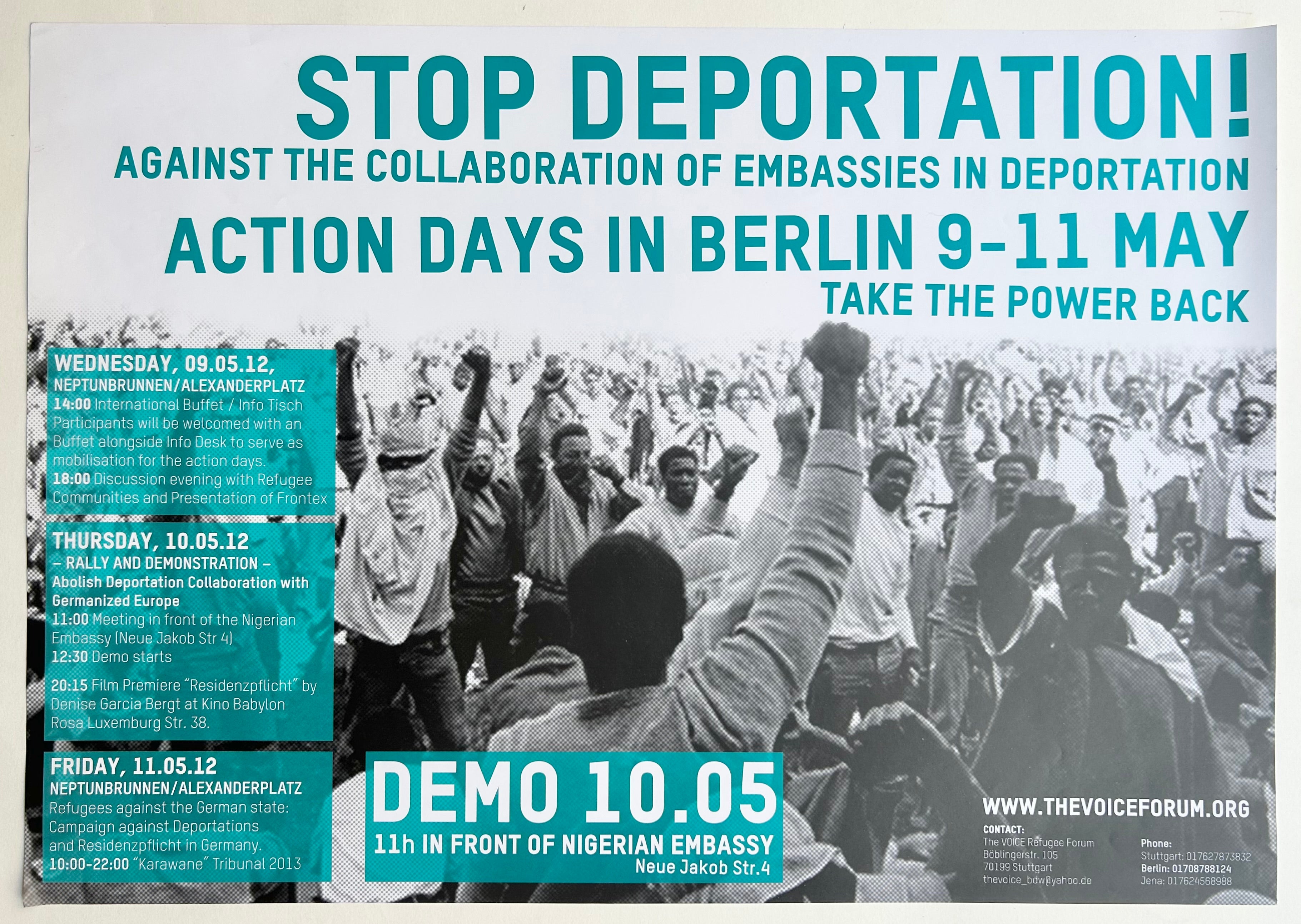 Black and white photo with teal text. Photo shows a crowd of protesting people.