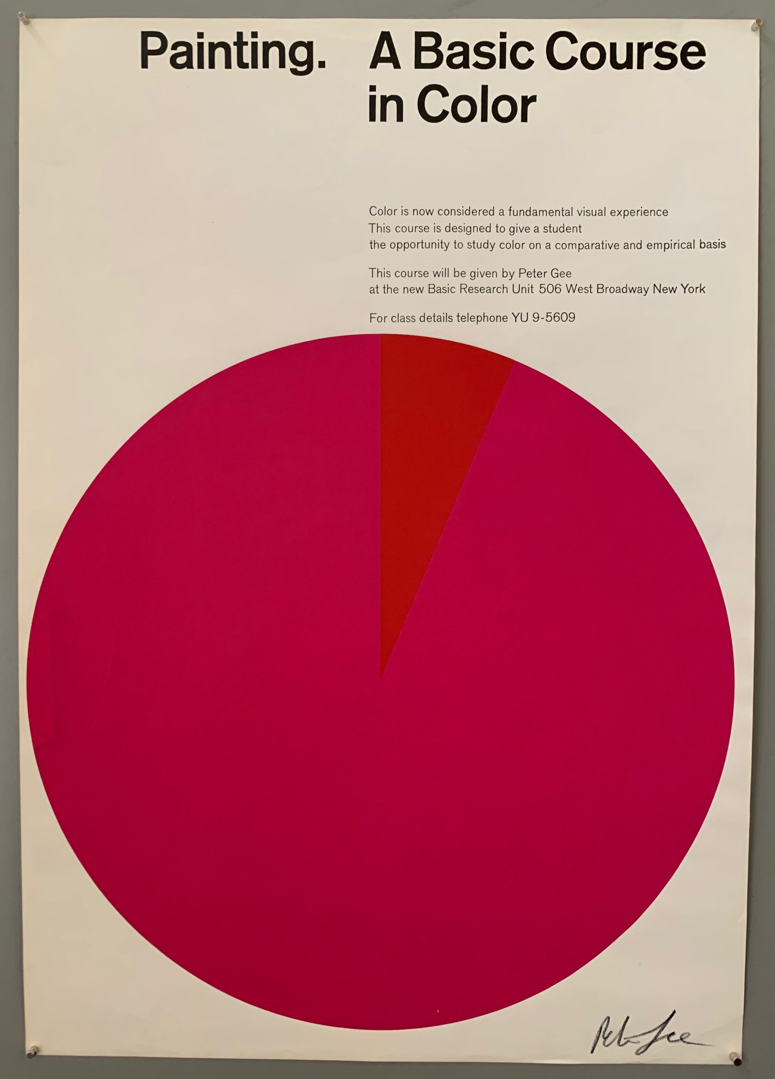 A large circle has a piece cut out of it in a different color. The font is at the top in black. The colors used are magenta, red, and white.