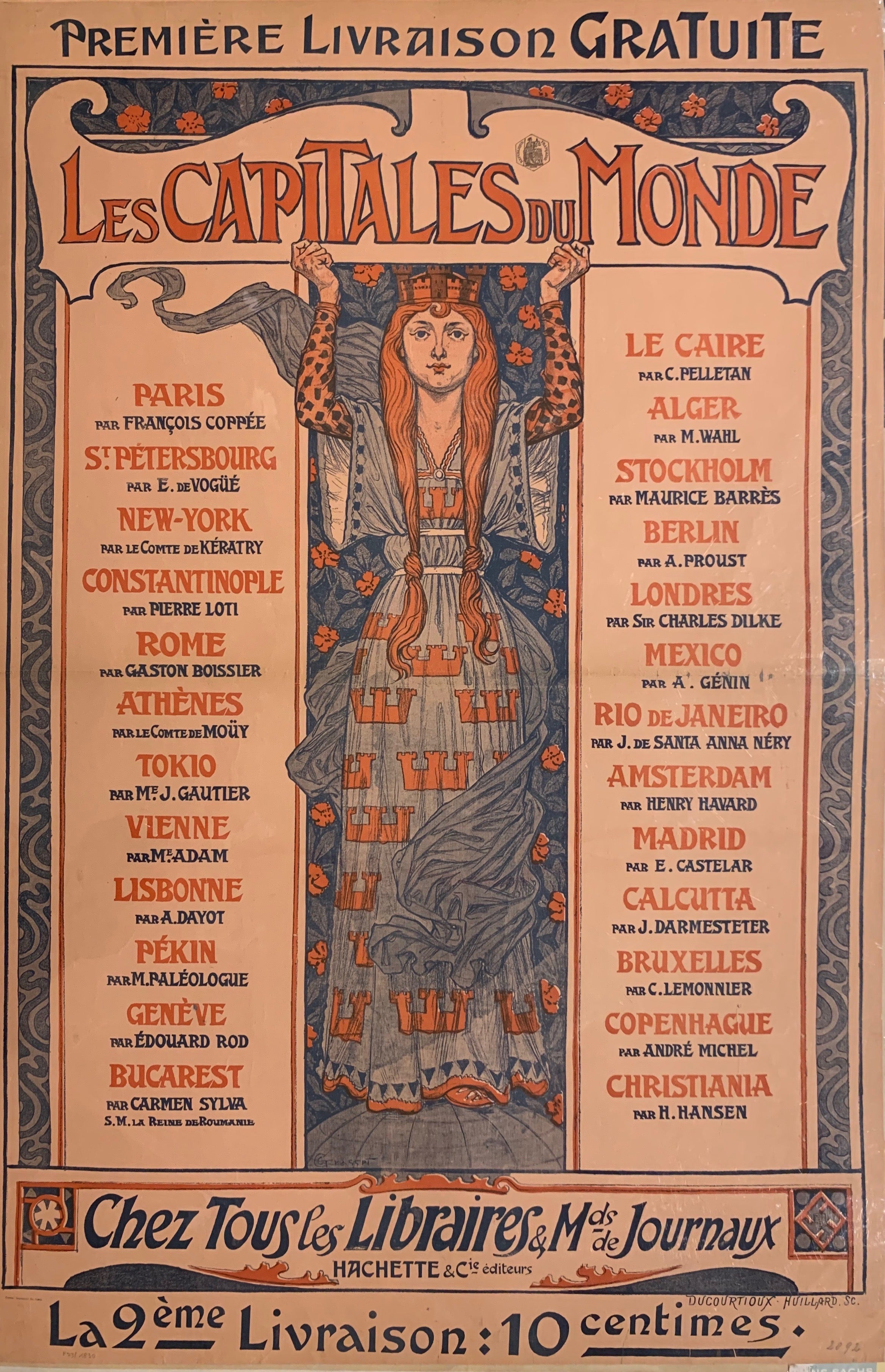 Turn of the Century poster advertising a book on the capitals of the world. Illustrated on the poster is a redhead in a long blue dress.