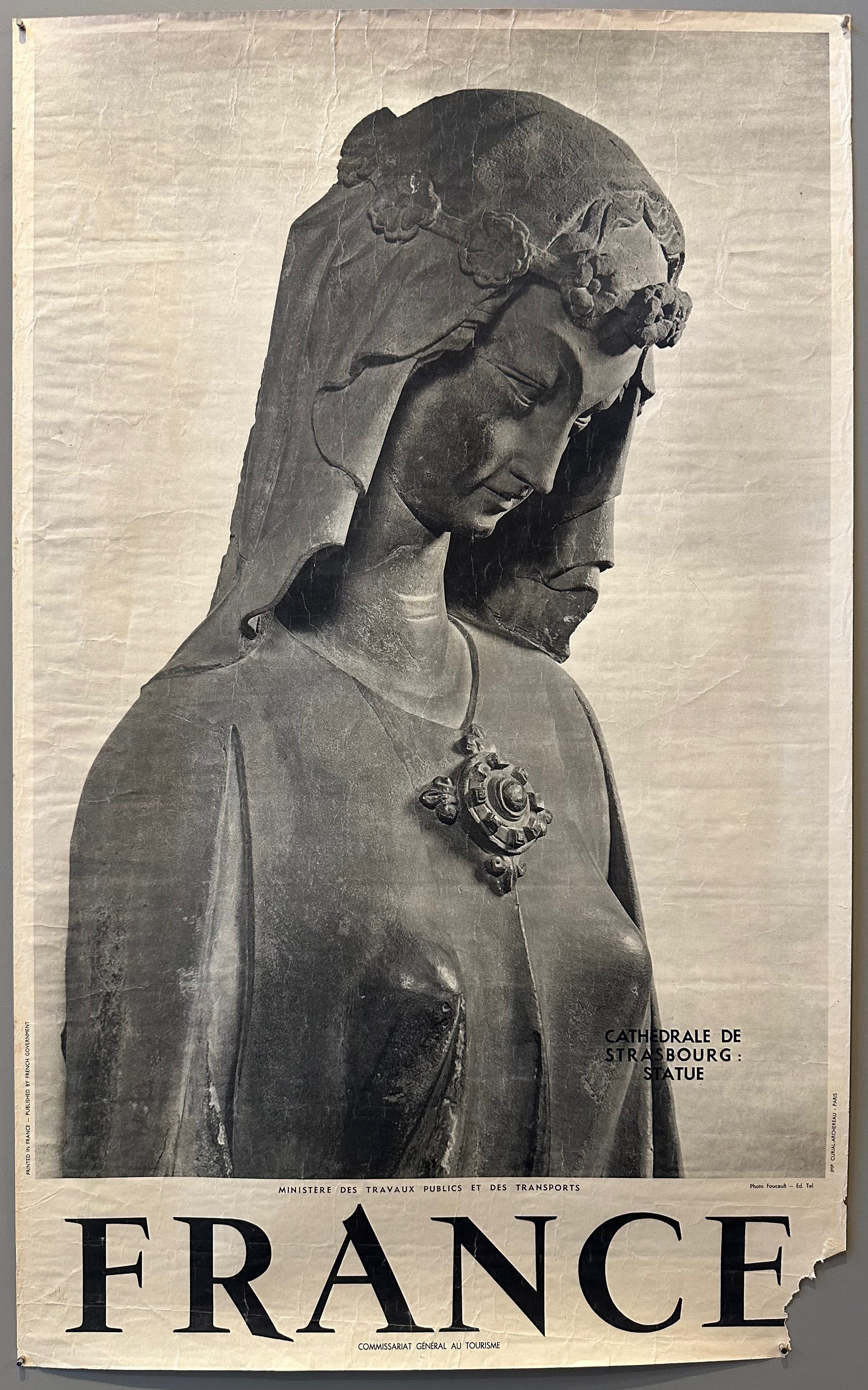 40x25 1950s black and white french travel poster featuring closeup photo of one of the statues of the cathedrale de strasbourg