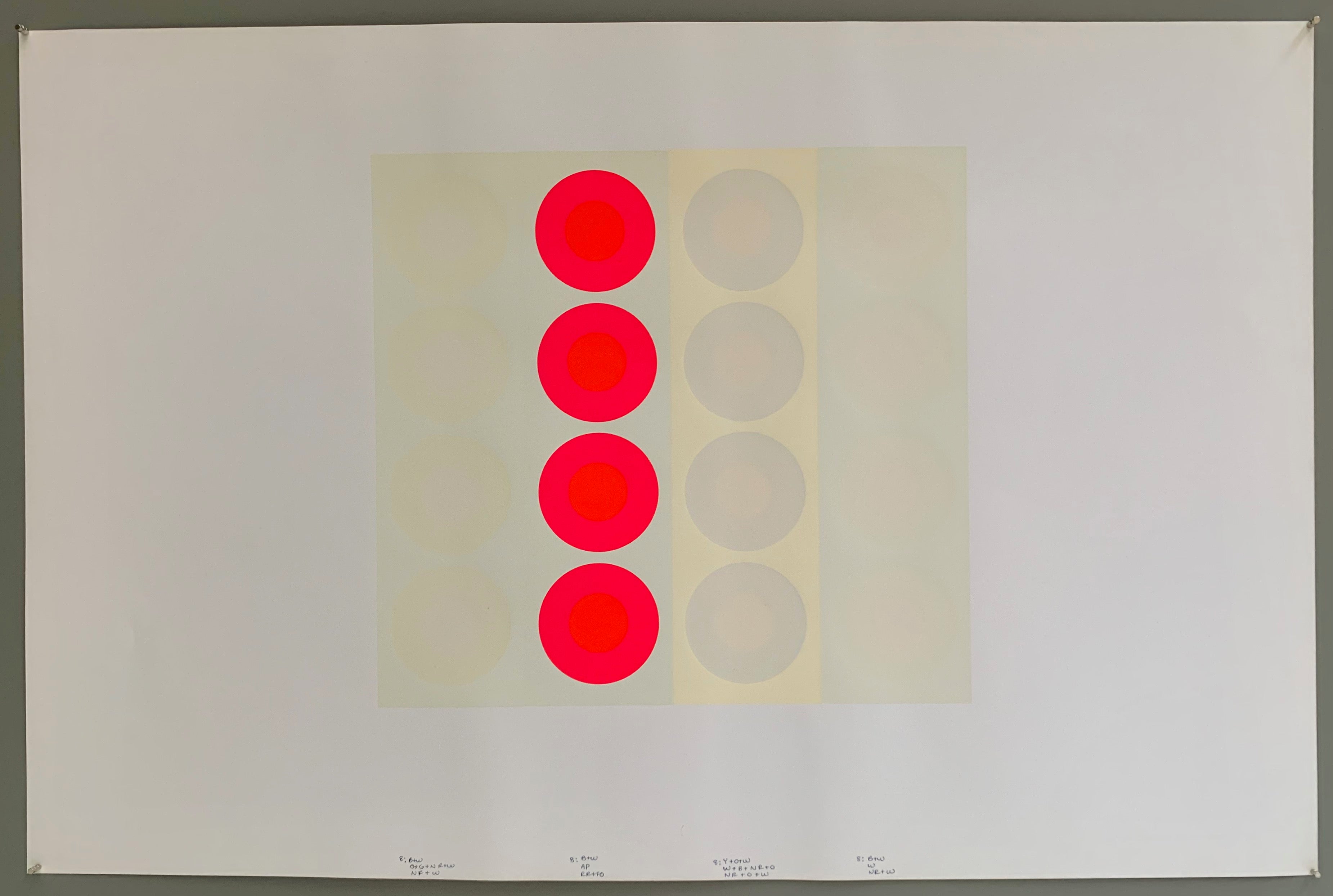 A rectangle made by four panels each holding a line of targets. The colors of this are quite brilliant — creamy pastel toned-whites with a pop of neon orange and pink.