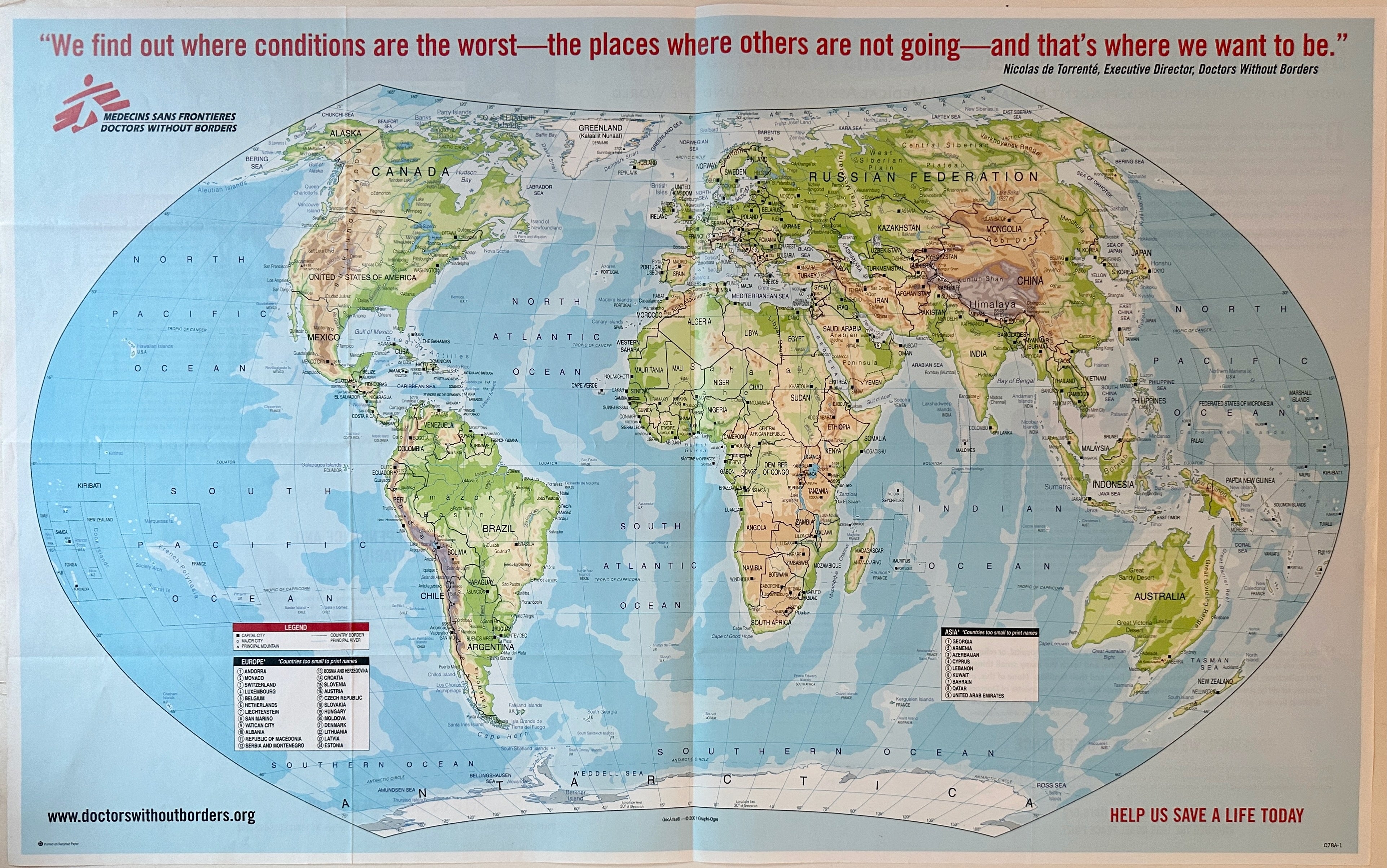 32x20 horizontal world geographical map with red text on the top and bottom