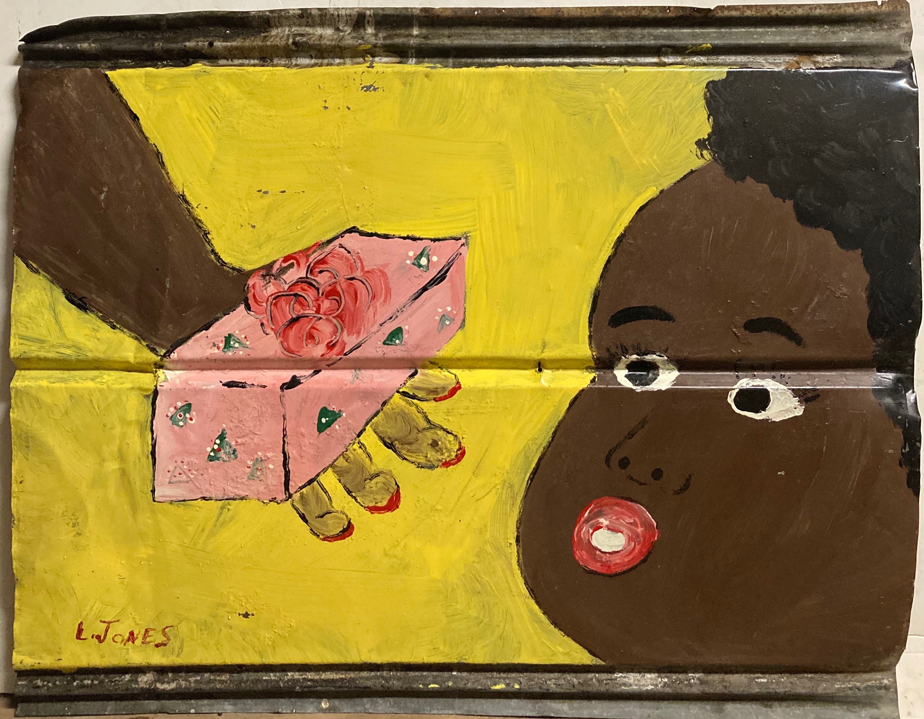 yellow background black child given gift with pink paper