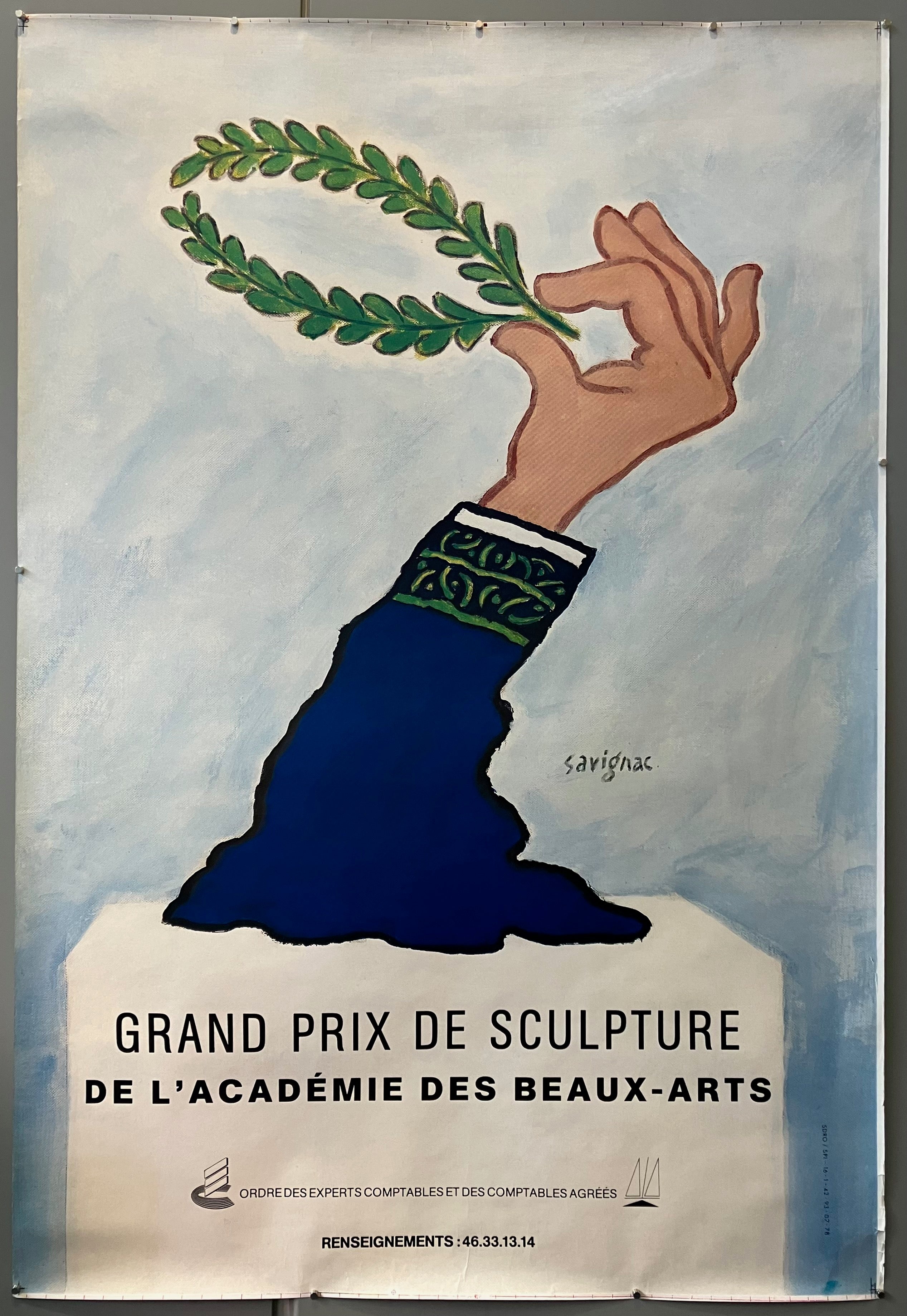 69x47 1996 poster for grand prix de sculpture, sculpting contest held by academie des beaux-arts featuring art by raymond savignac of sculpted hand holding laurel wreath