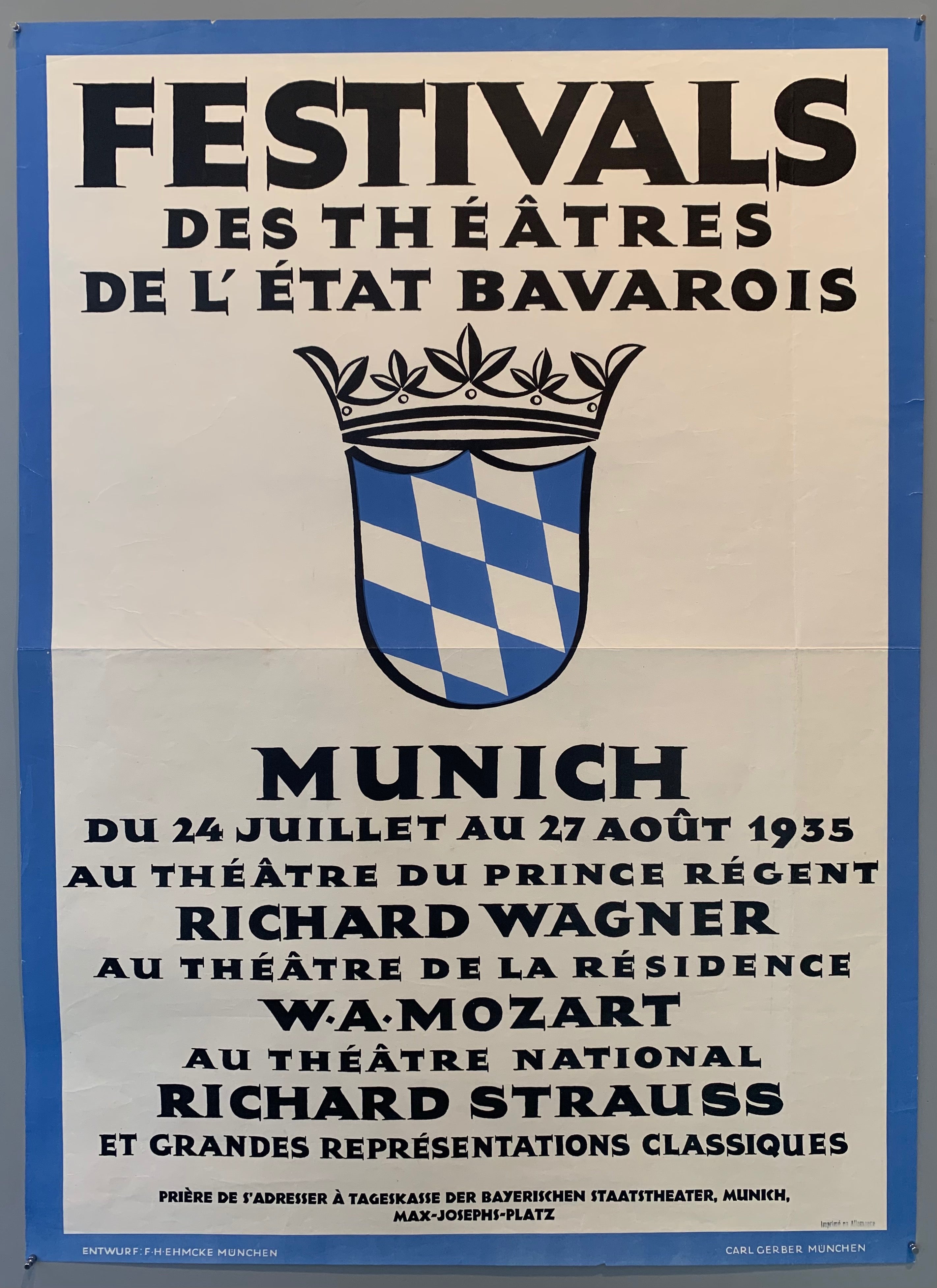 Poster has text in french with the old Bavarian coat of arms crest in the middle and a blue border around the edges.