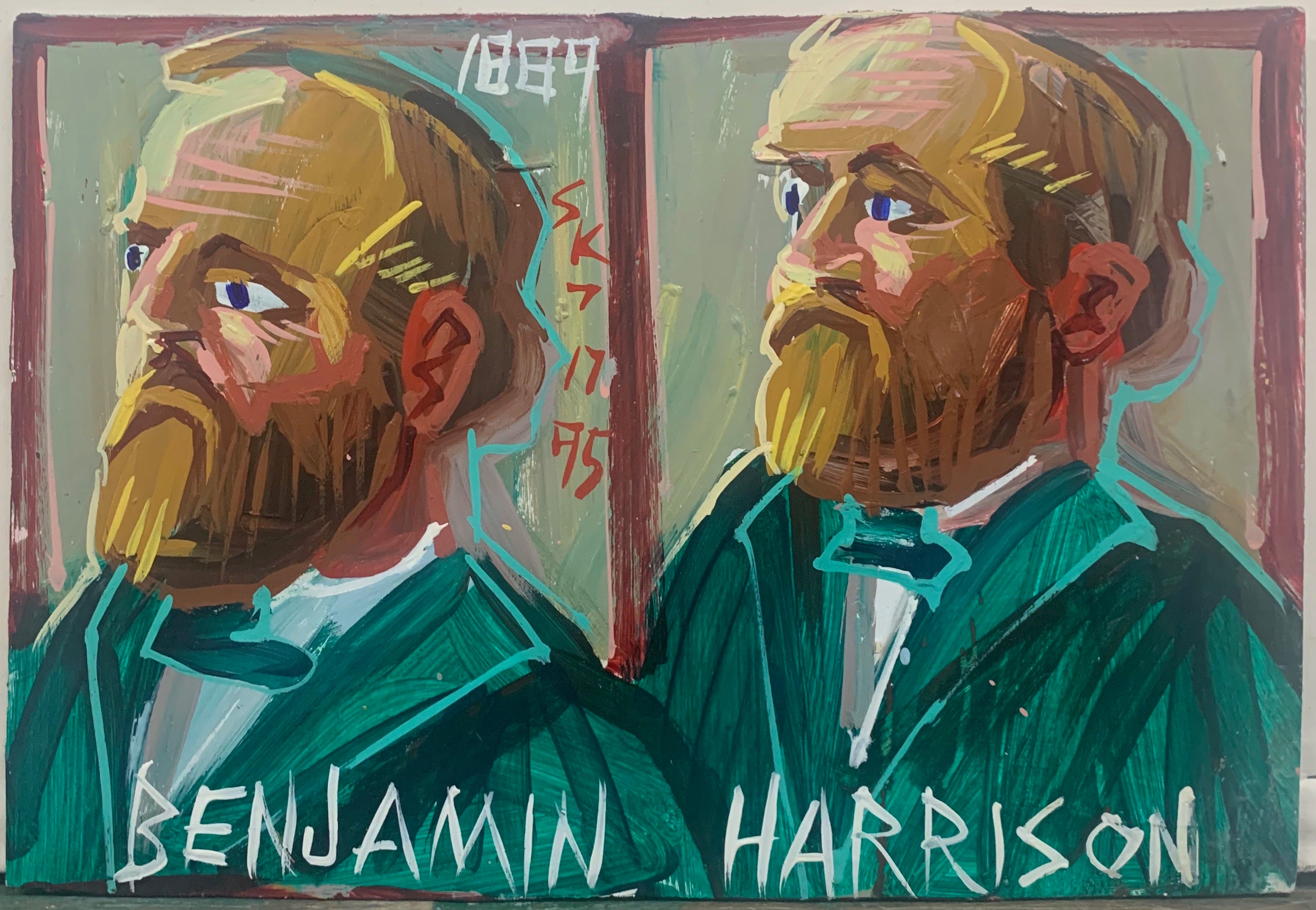 A Steve Keen portrait of two Benjamin Harrison's in green suits.