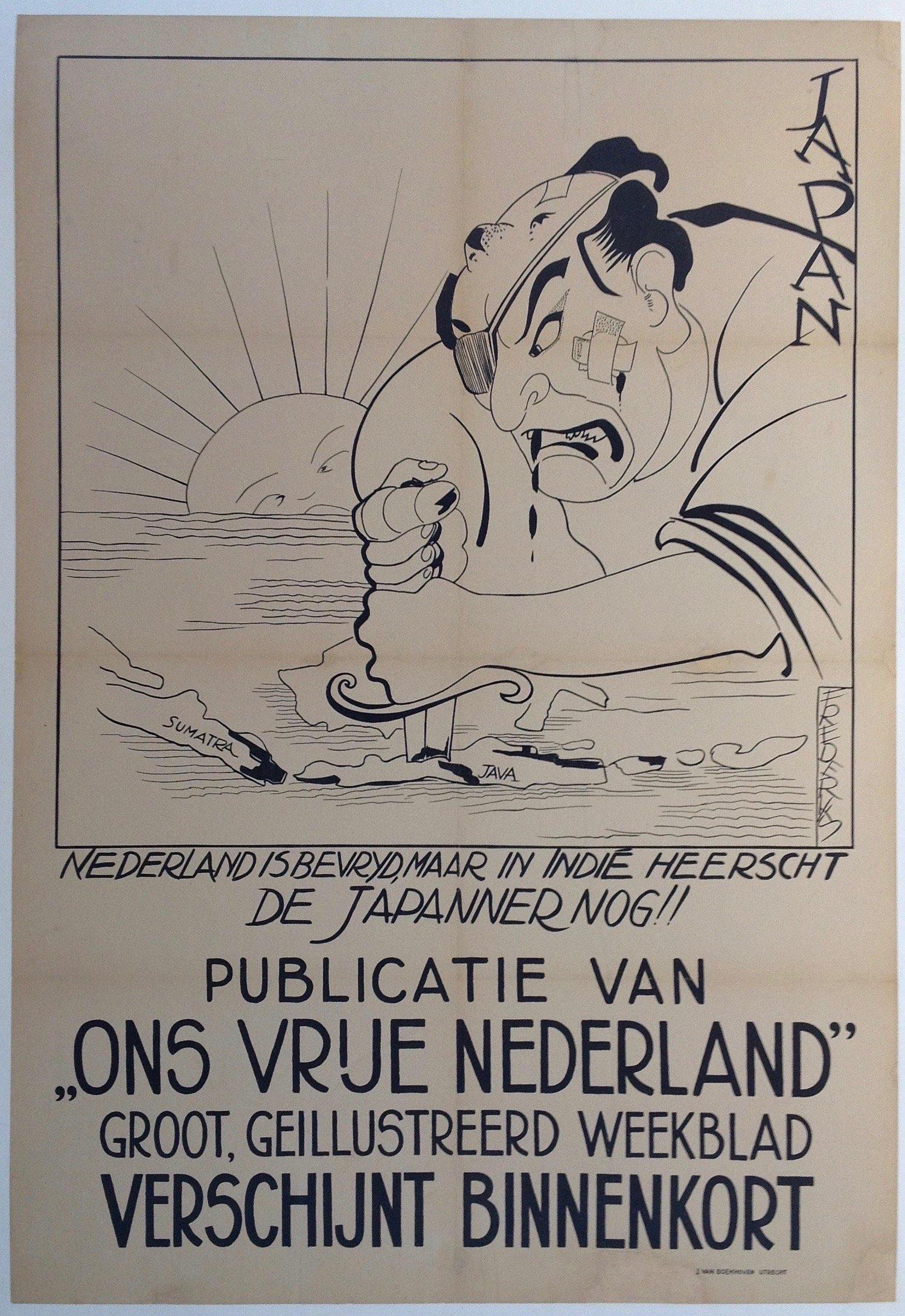 black and white drawing black letters. samuri stabbing island of Java with sword