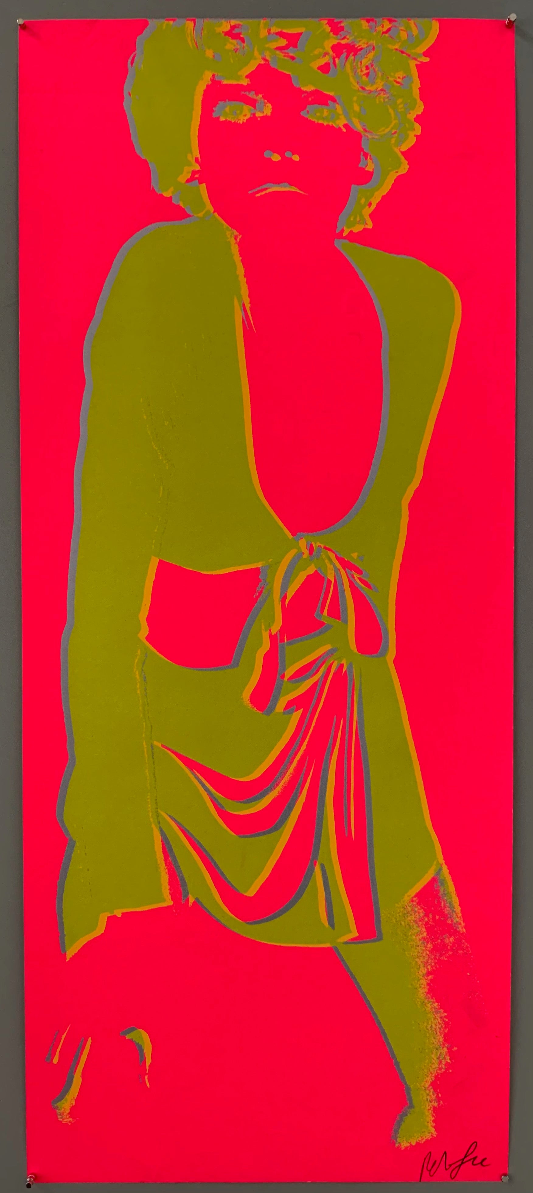 Outline of a groovy woman shown, her clothing and hair in a mix of yellow and blue, creating a semi-green. The background is in neon pink, as well as her skin.