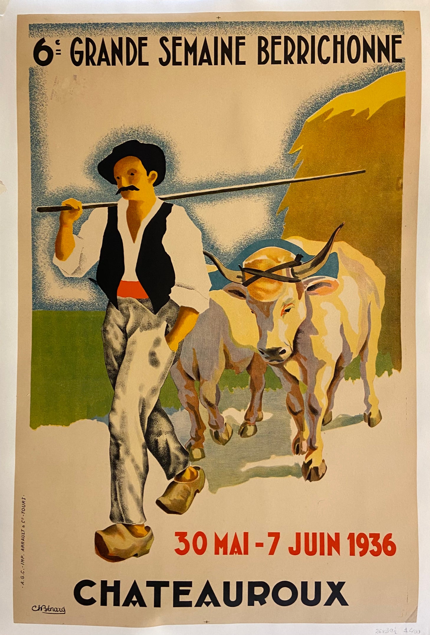 Poster of a farmer leading his cattle pulling a wagon of hay
