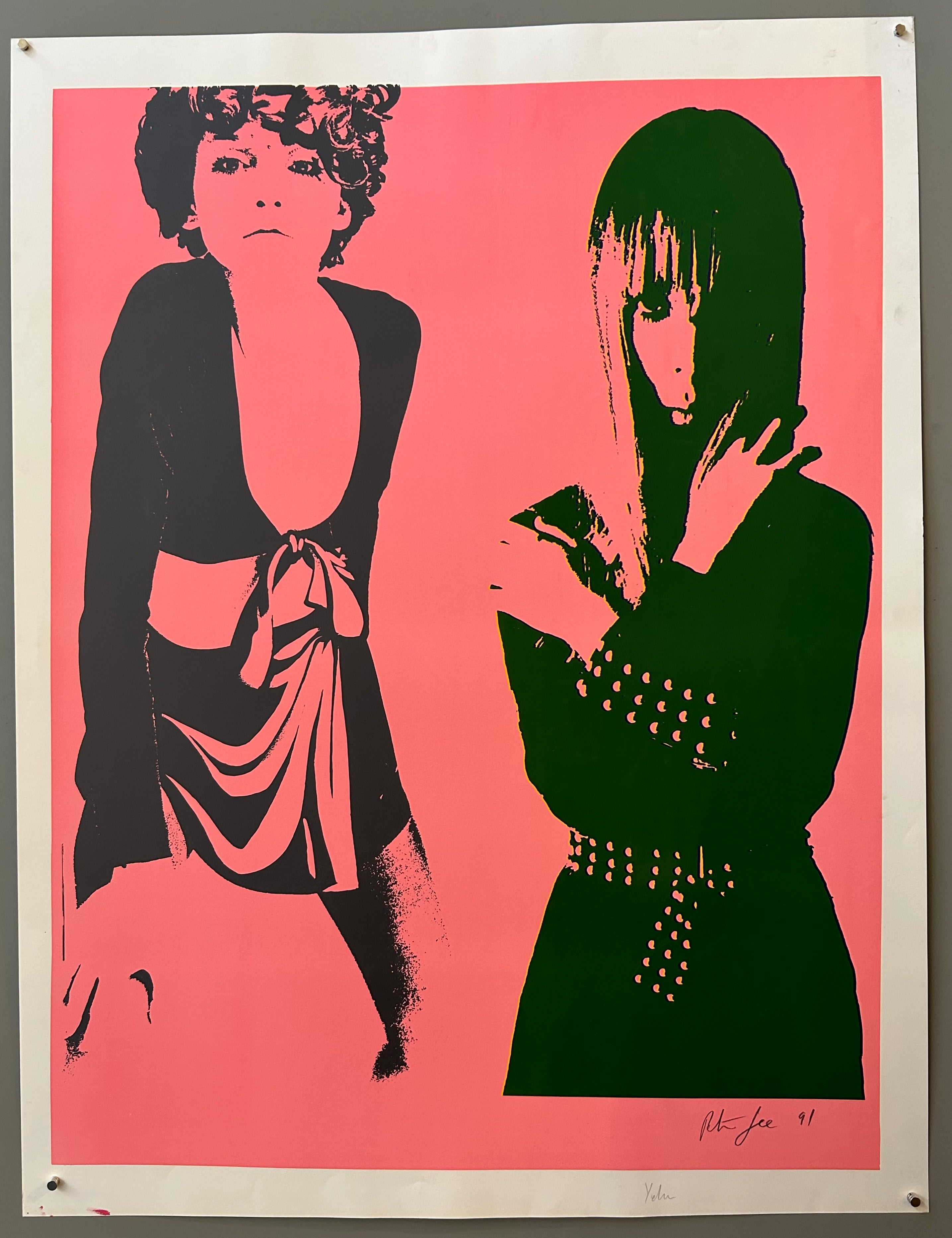 Two pop-art style images of women are side by side, with a pink background. The women are in green and blue.