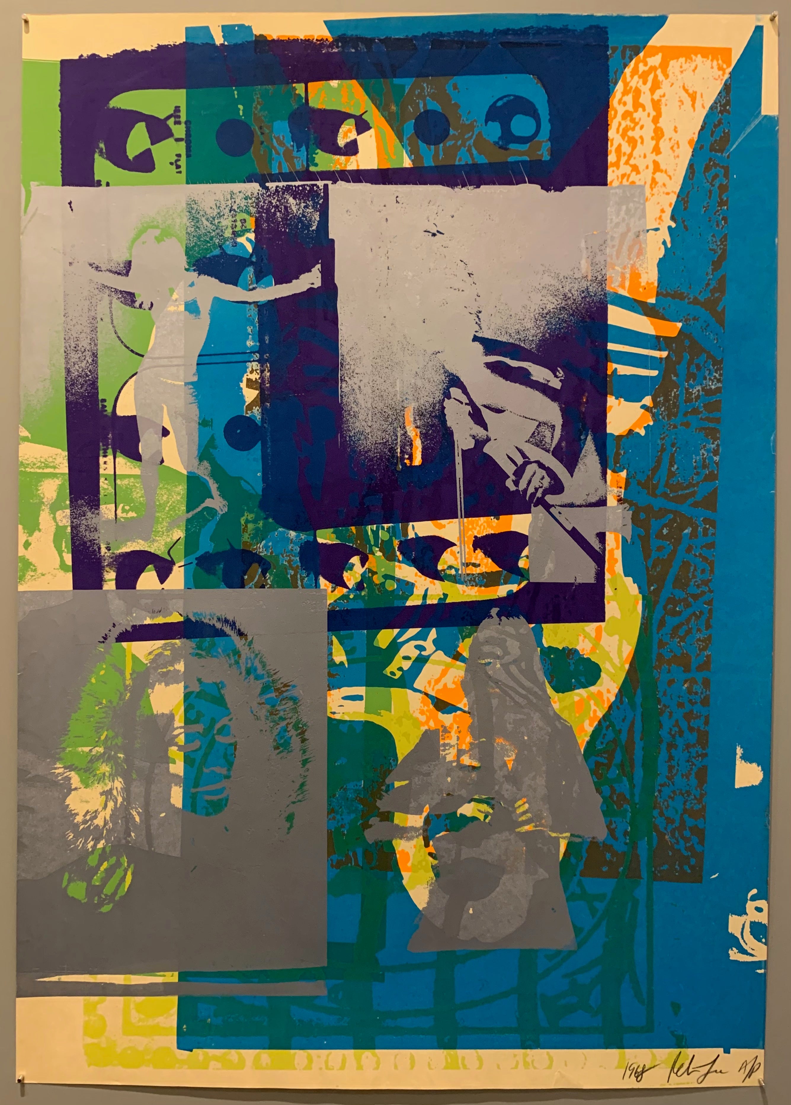 A mix of pop art-style images lay over each other in many neon colors.