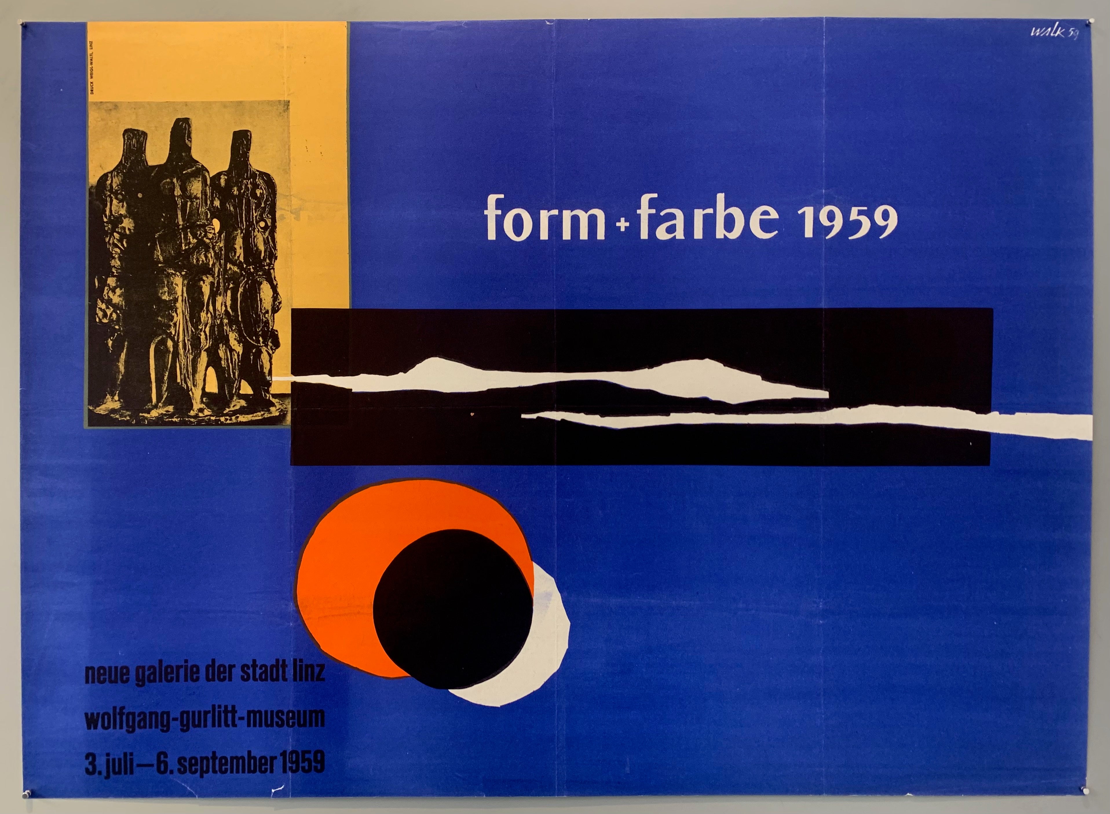 Poster for am exhibit at the Wolfgang-gurlitt-museum in Linz, Austria, from July 3rd to September 6th 1959. The exhibit is called form and color, poster has a dark blue background with various shapes on top.