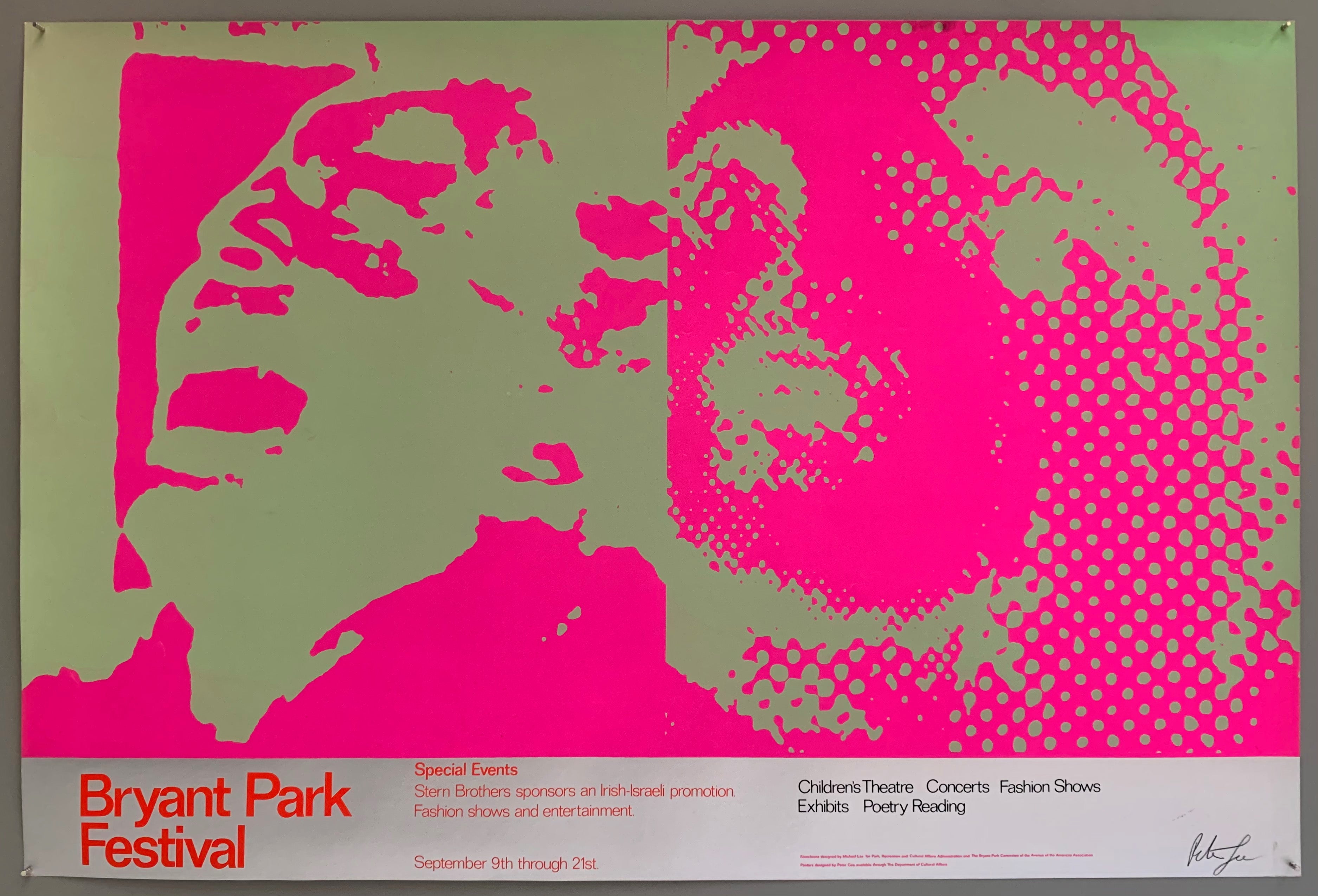 A man and a woman are shown with dramatic expressions, the highlights and shadows colored in a distinctly pop art style. The colors used are neon pink on chartreuse.