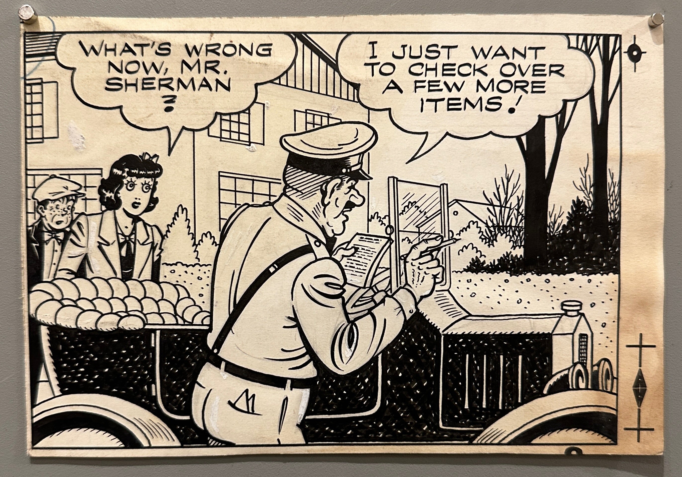6x8 1940s black and white comic strip by unknown artist featuring conversation between woman and police officer