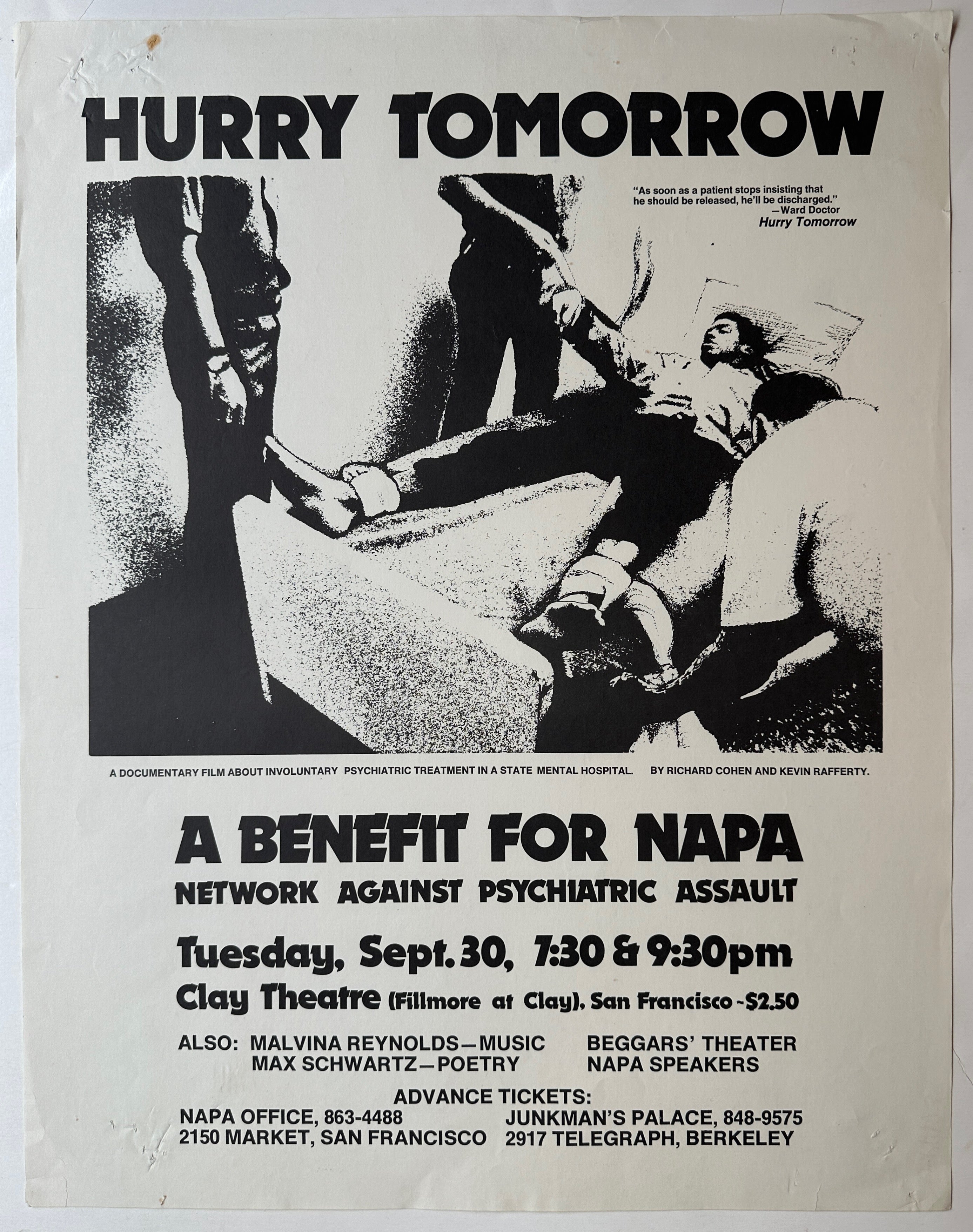 22.5x17.5 black and white poster featuring an image from a documentary film about involuntary psychiatric treatment