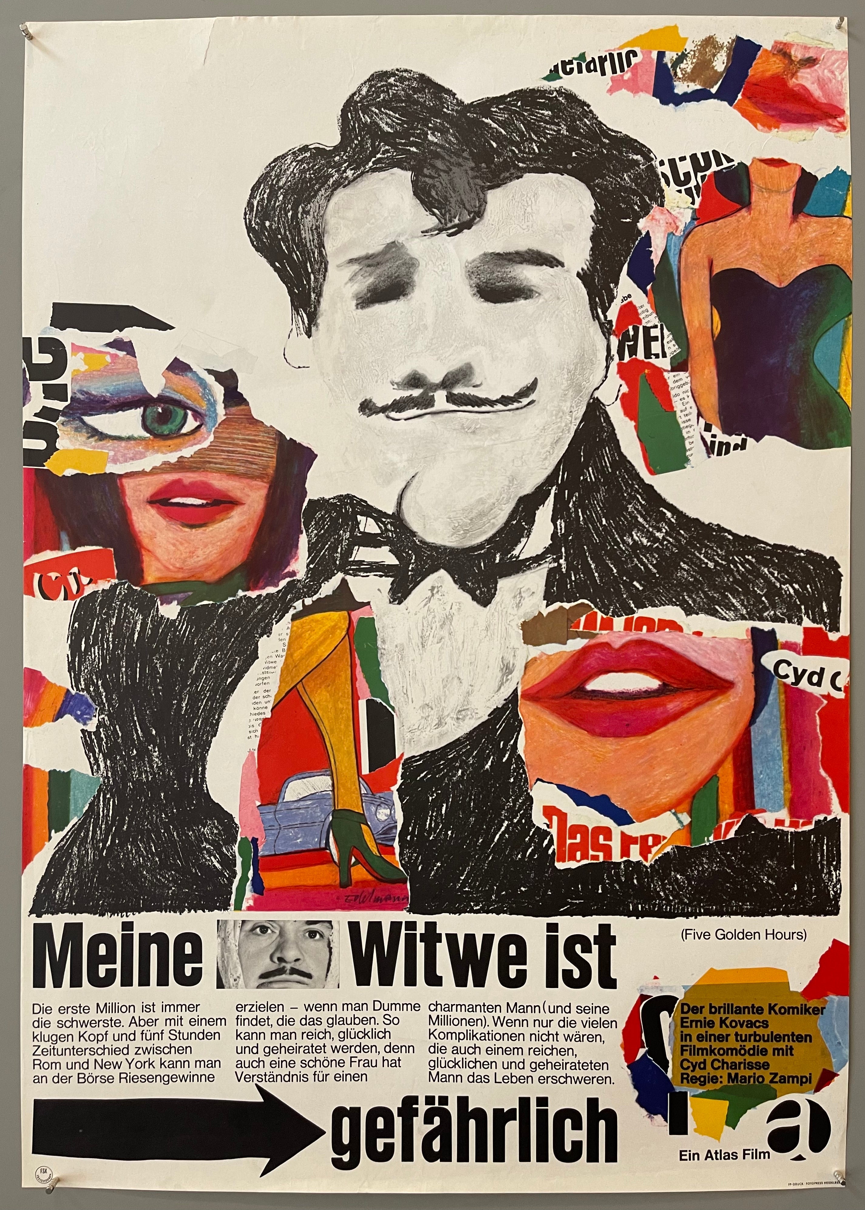 Various clippings from different drawings of women's facial features surround a man drawn in black and white.