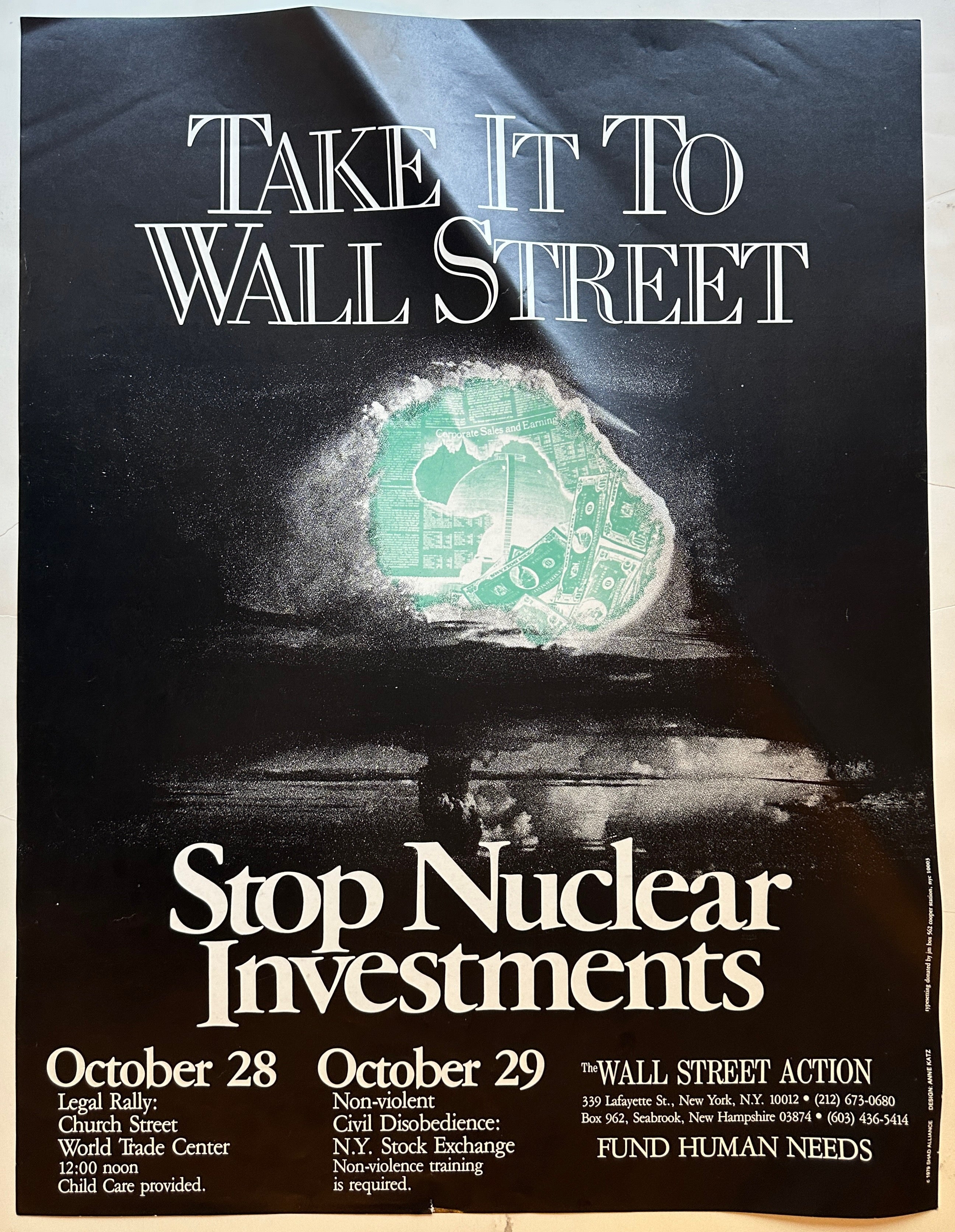 22x17 anti-nuclear weapons poster with a mushroom cloud and a graphic of money inside of it