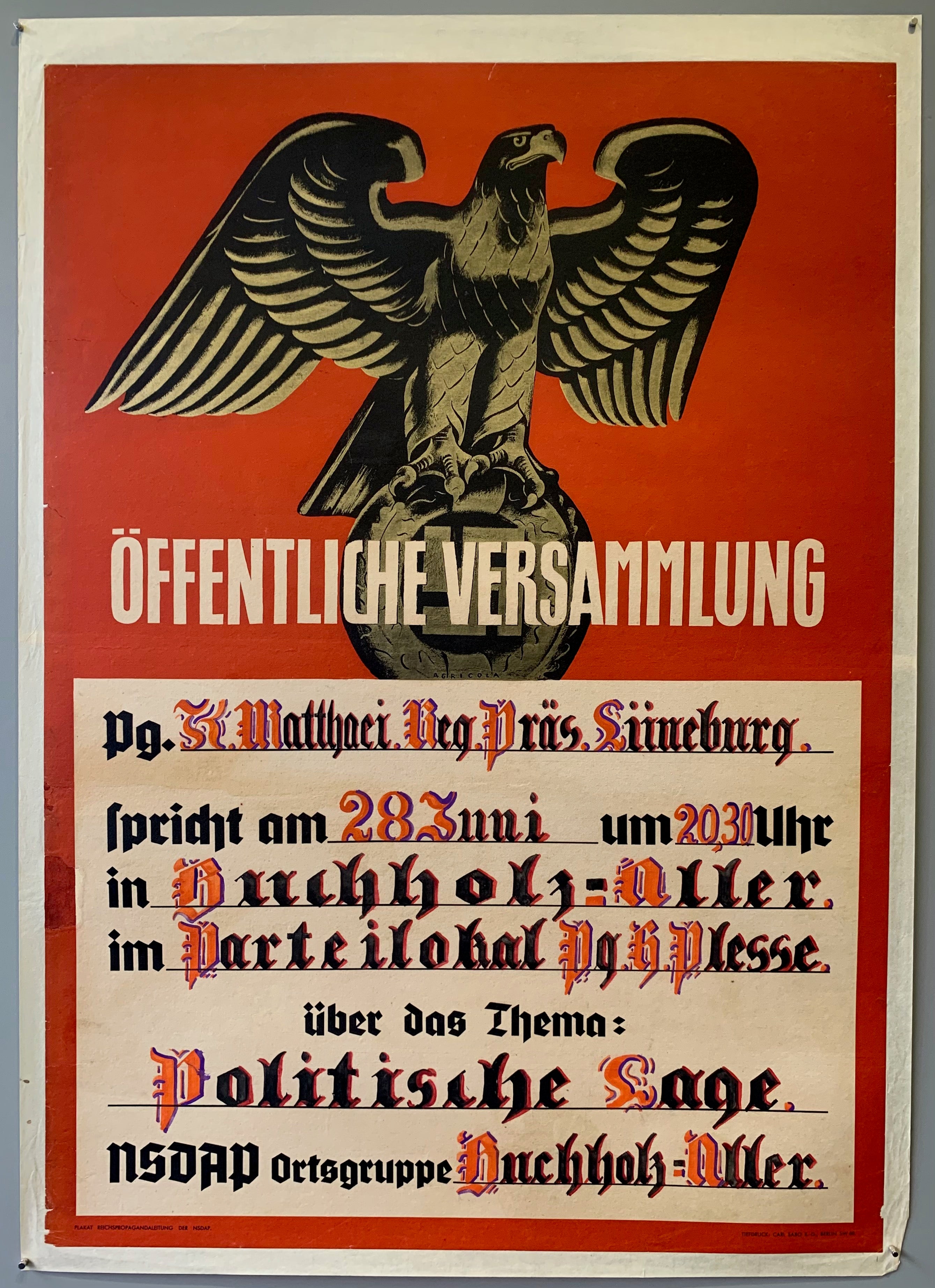 Poster for a gathering on june 28th where a Nazi general was to speak about  a political situation.