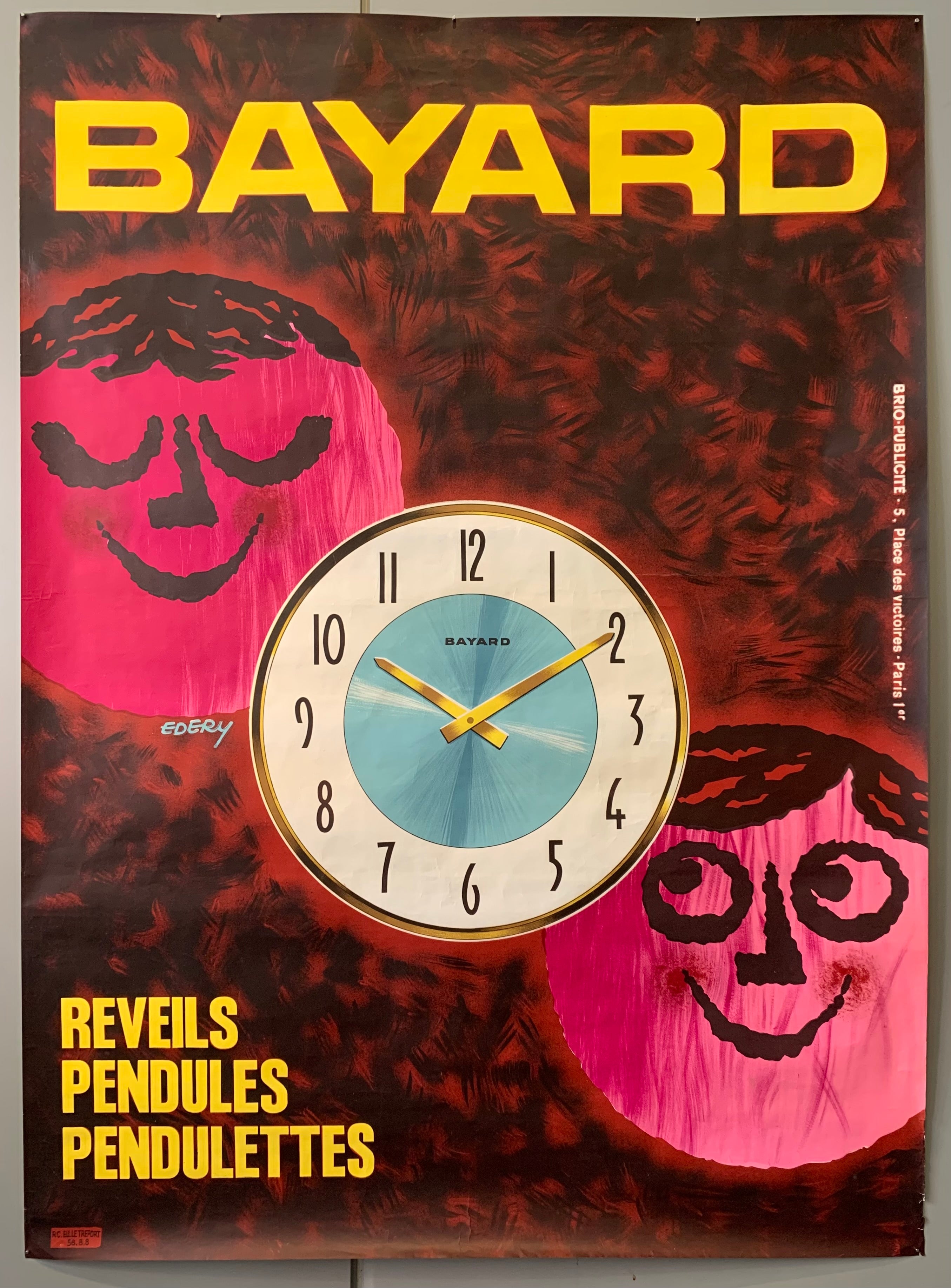 Two clock-shaped men eye one shiny clock in the center of the page. The men are pink. The background is red with black dashes. The font is large and yellow.