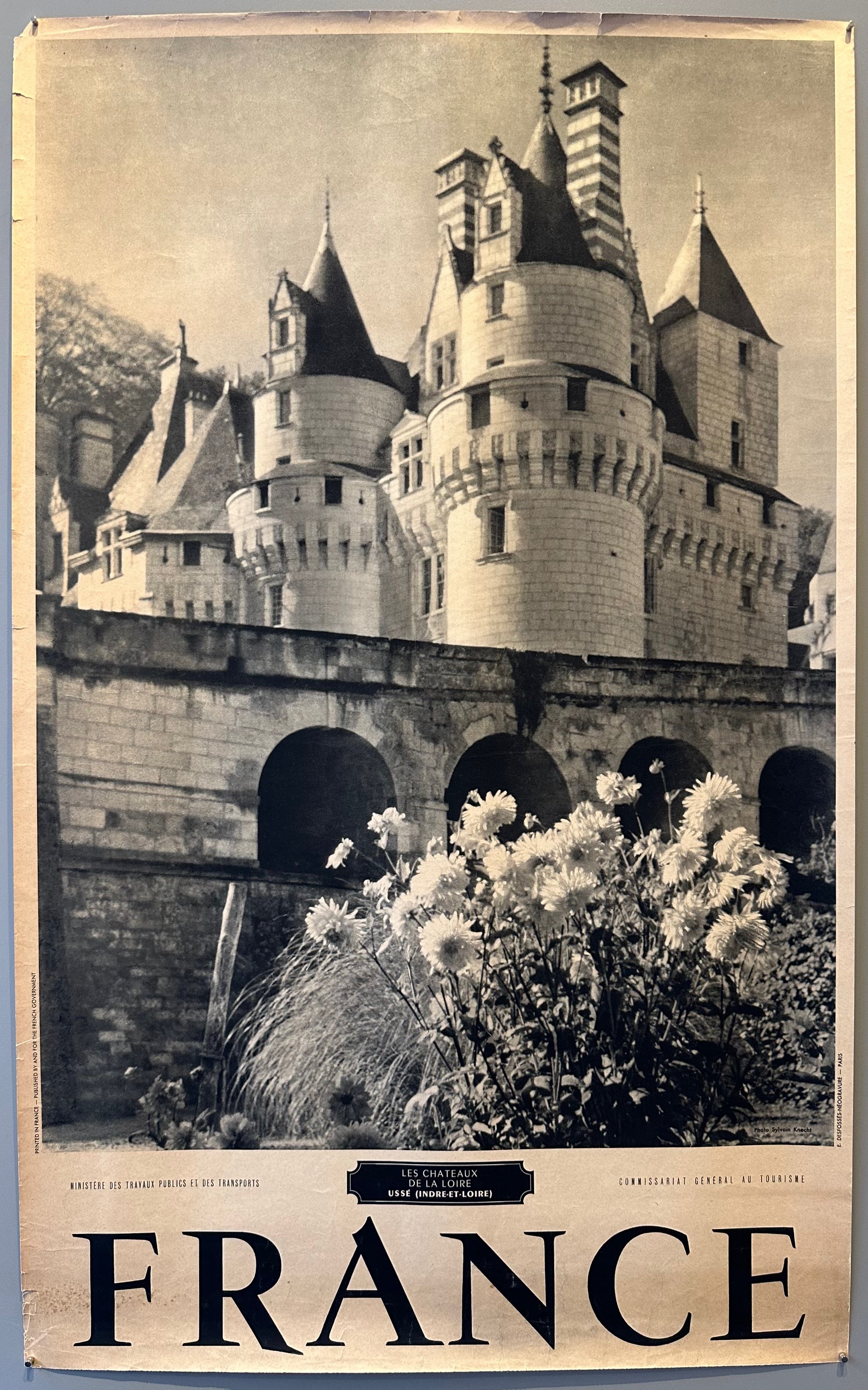 40x25 1950s black and white french travel poster advertising the usse in indre-et-loire featuring photo of castle with flowers in foreground