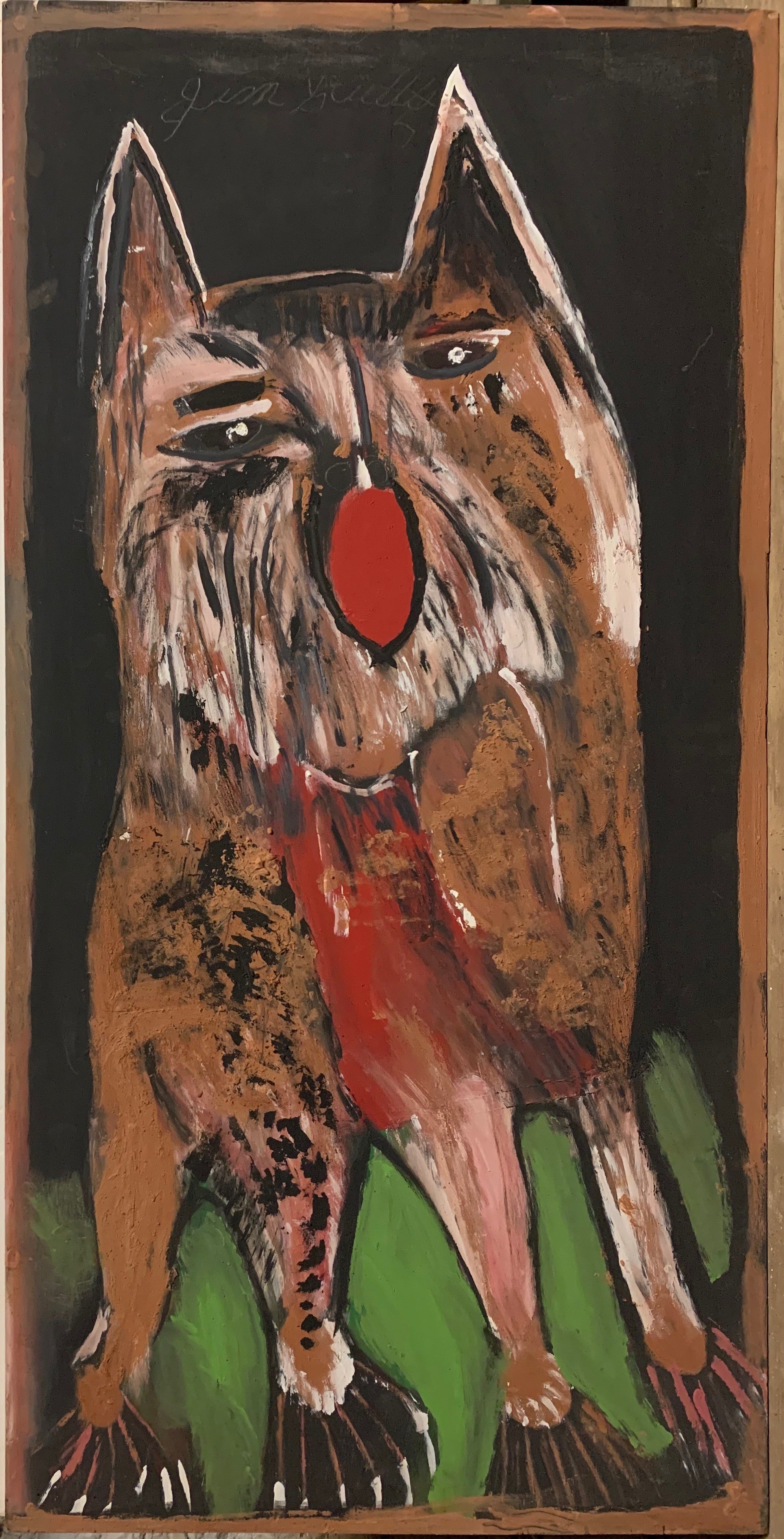 A painting of a brown dog, howling.