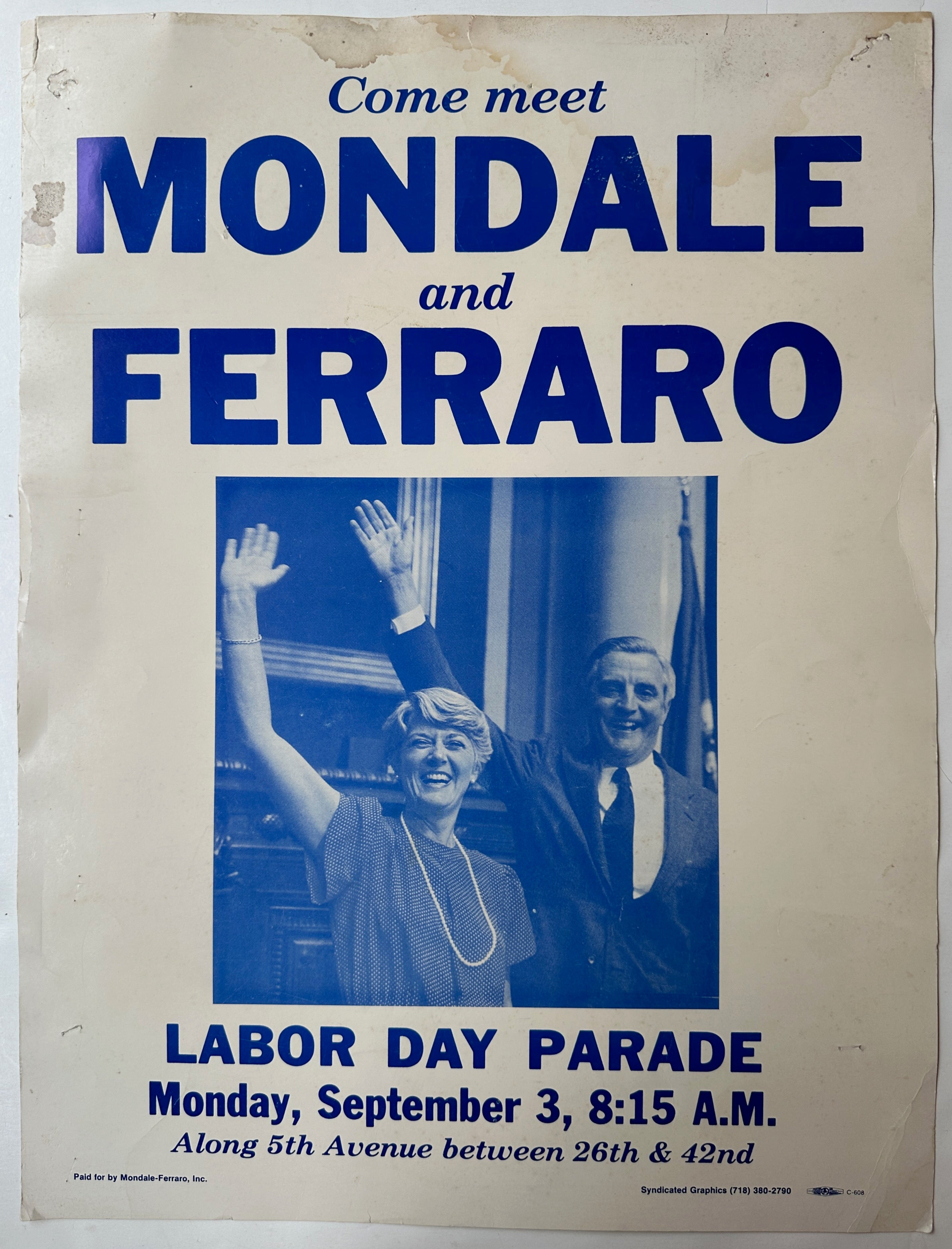 23.5x17 22x17 poster for mondale and ferraro democratic presidential and vice presidential nominees 1984 presidential election featuring blue text and photo of mondale and ferraro