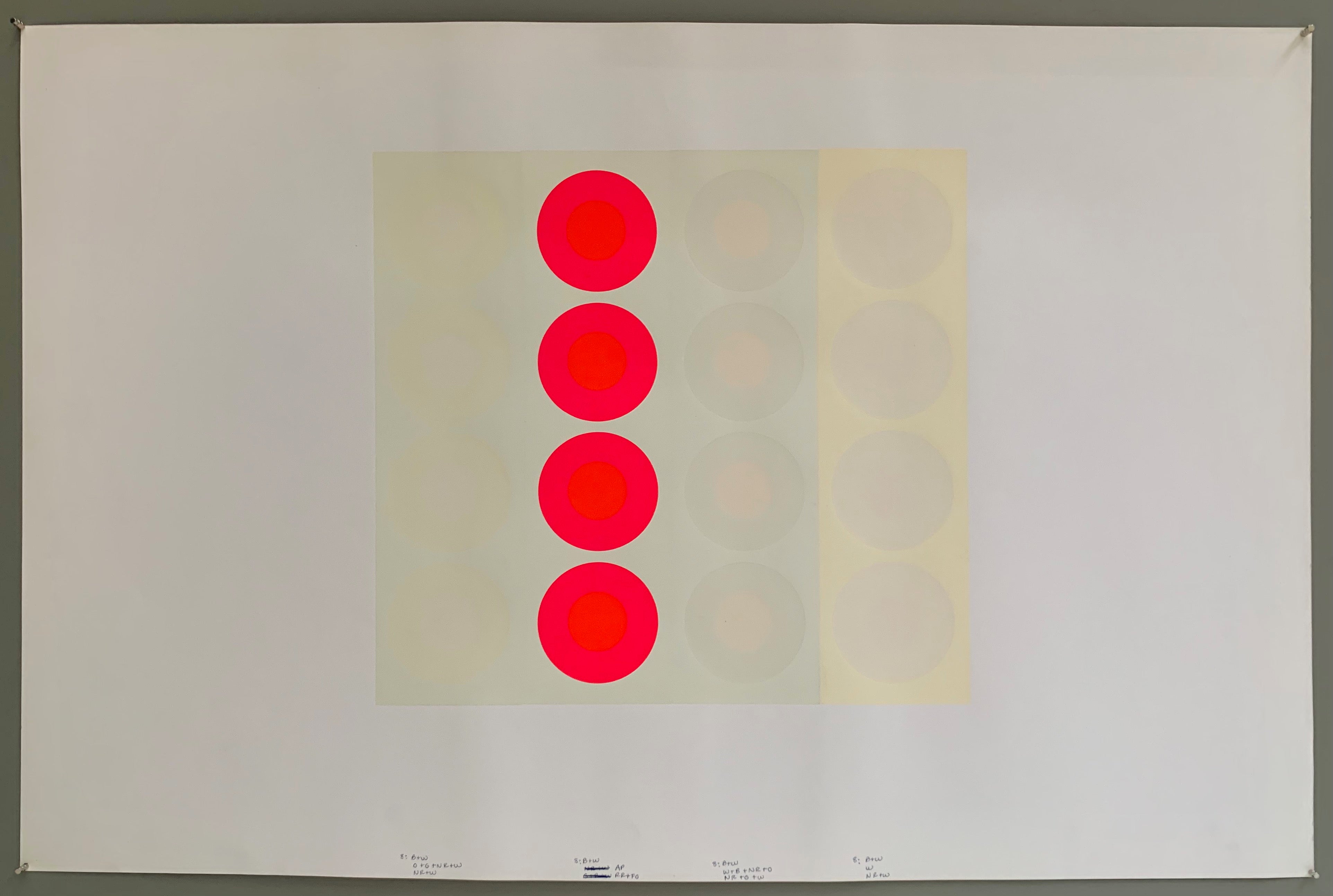 A rectangle made by four panels each holding a line of targets. The colors of this are quite brilliant — creamy pastel toned-whites with a pop of neon orange and pink.