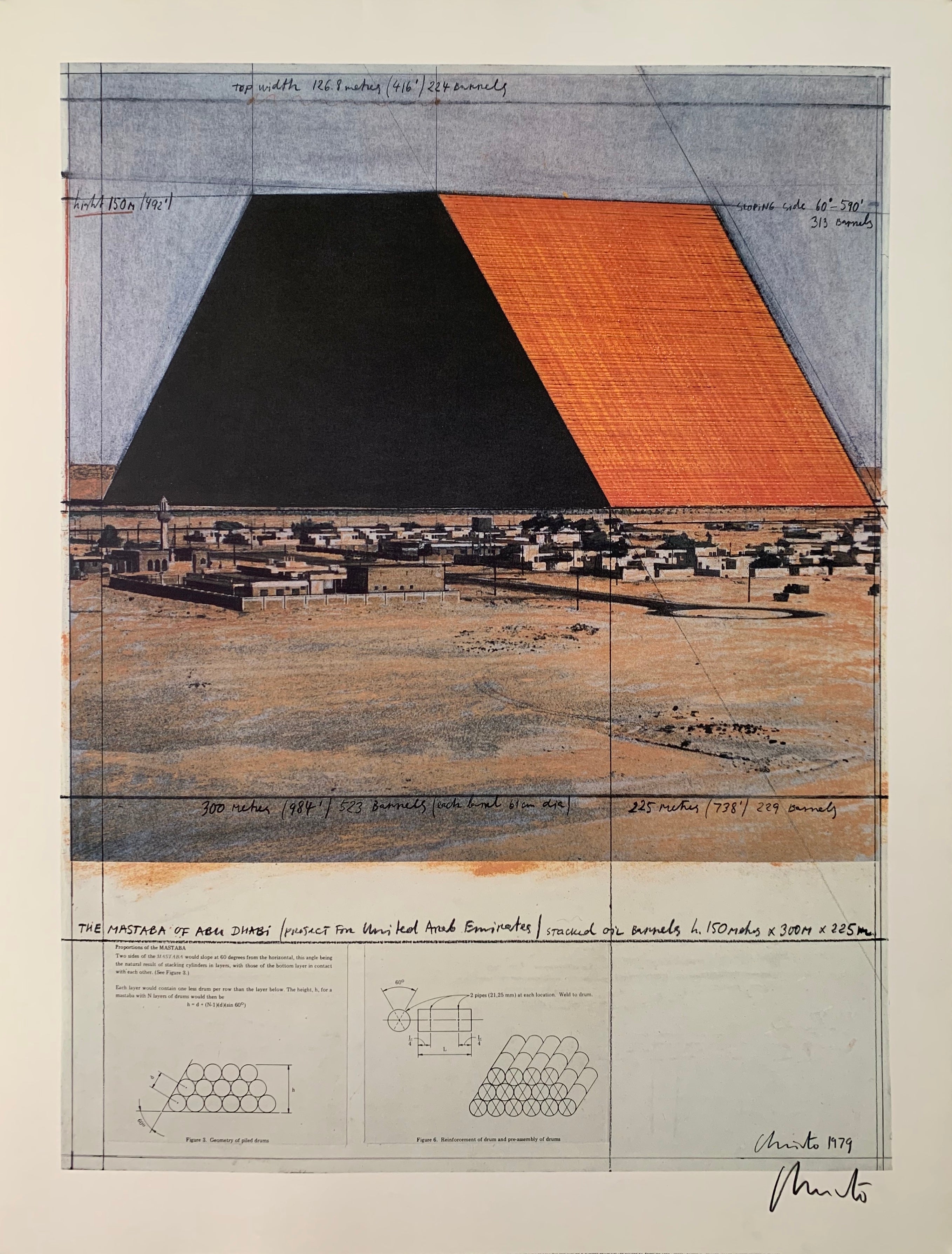 A Christo sketch of the Mastaba, a giant orange structure made out of barrels, along with barrel details at the bottom.