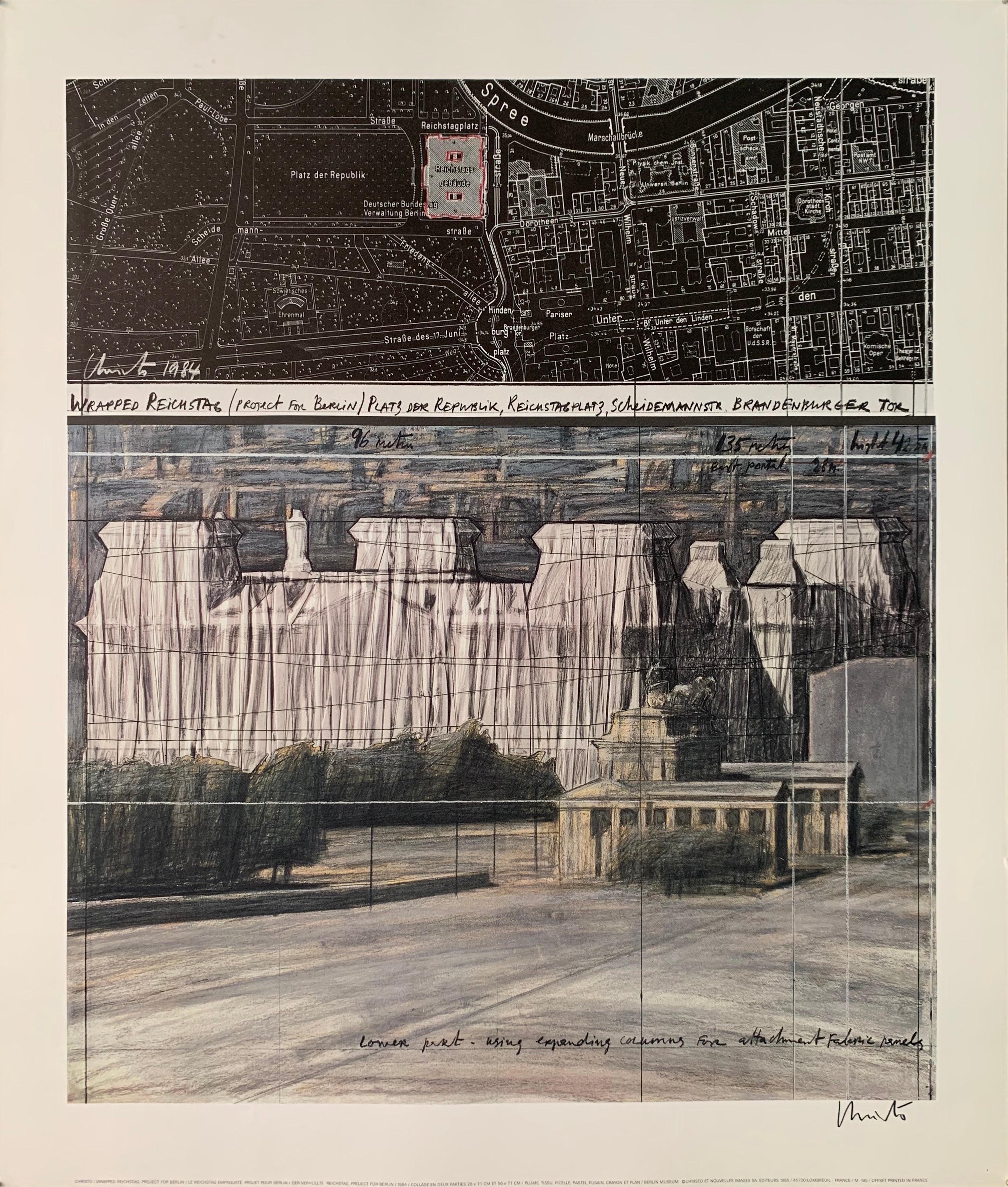 A sepia-toned poster including a pencil sketch by Christo of Reichstag and a street map of Berlin.