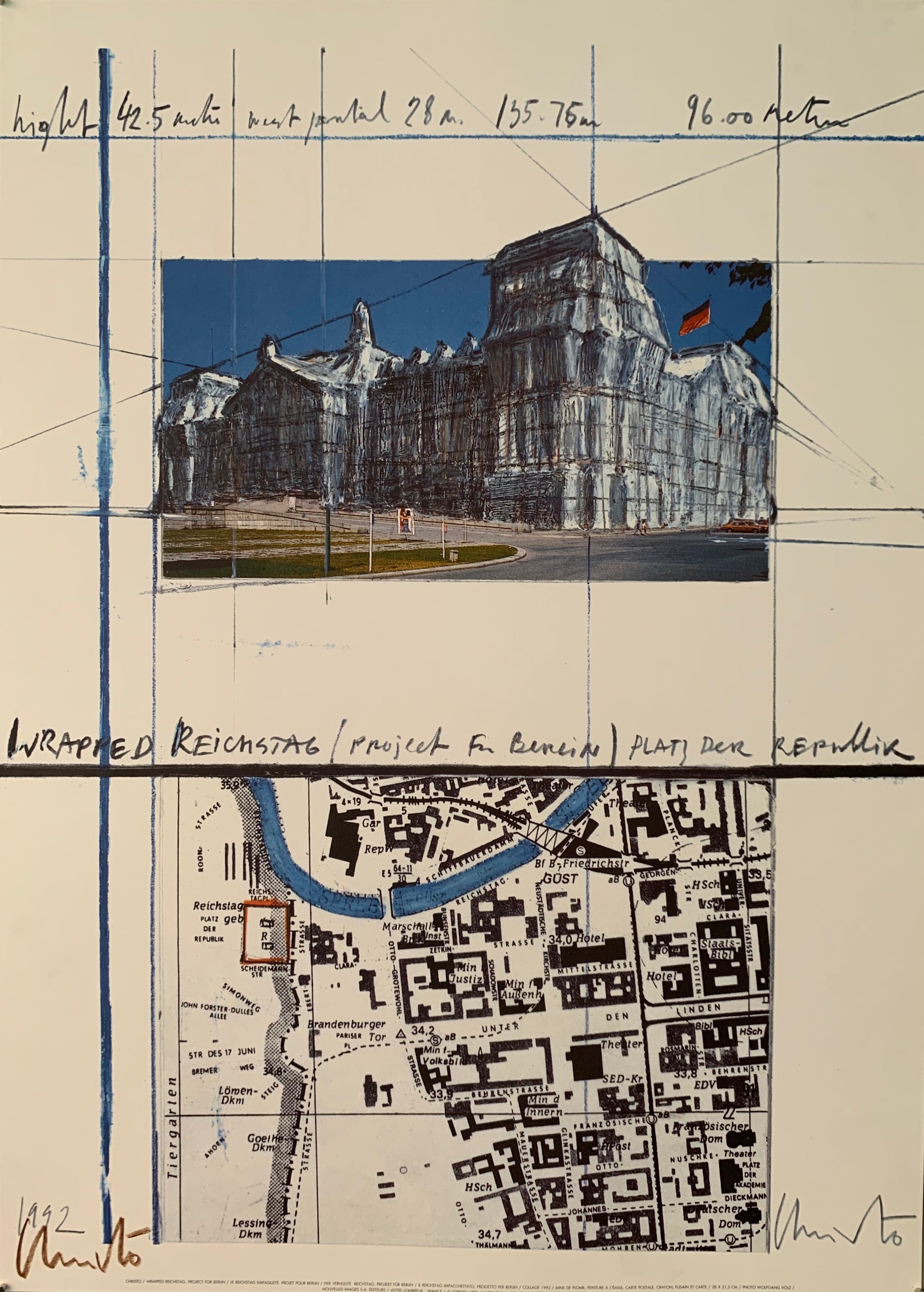 The poster contains a sketch of the wrapped Reichstag and a map of Berlin with the Reichstag highlighted in red.