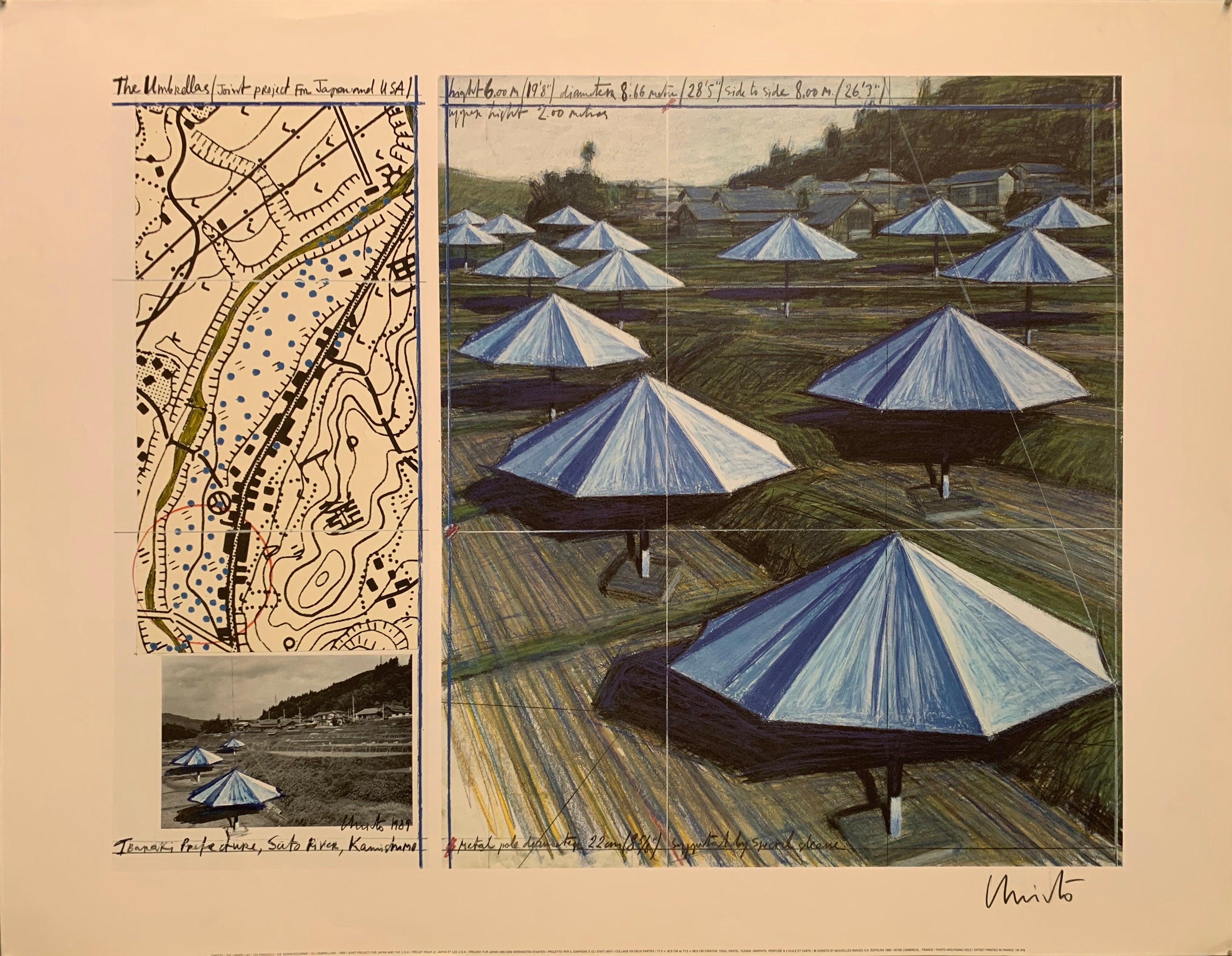 A sketch of blue umbrellas on a hill next to a topographic map.