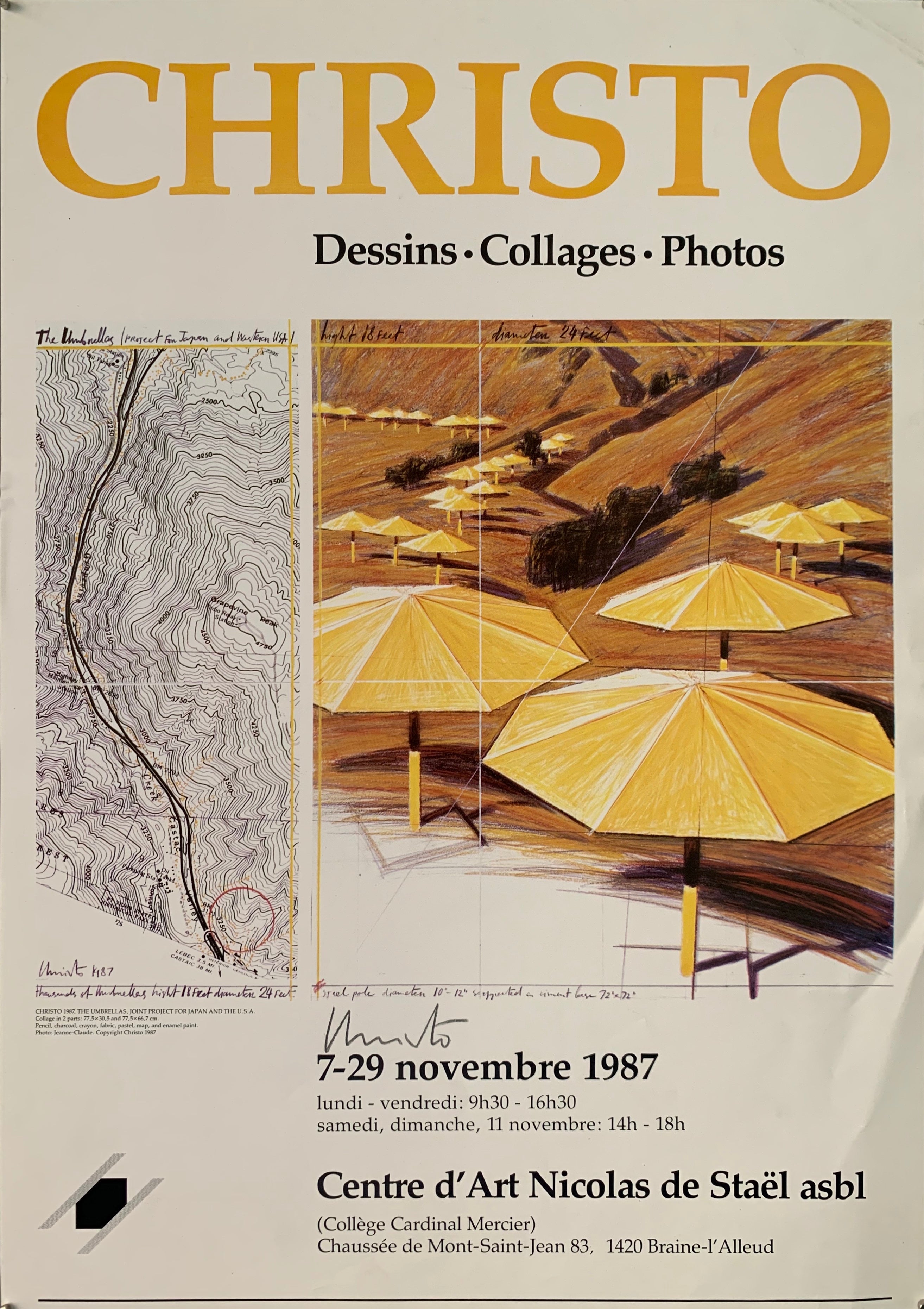 Christo is written at the top in bold yellow. All writing is in French. A sketch of the yellow umbrellas is next to a topographic map.
