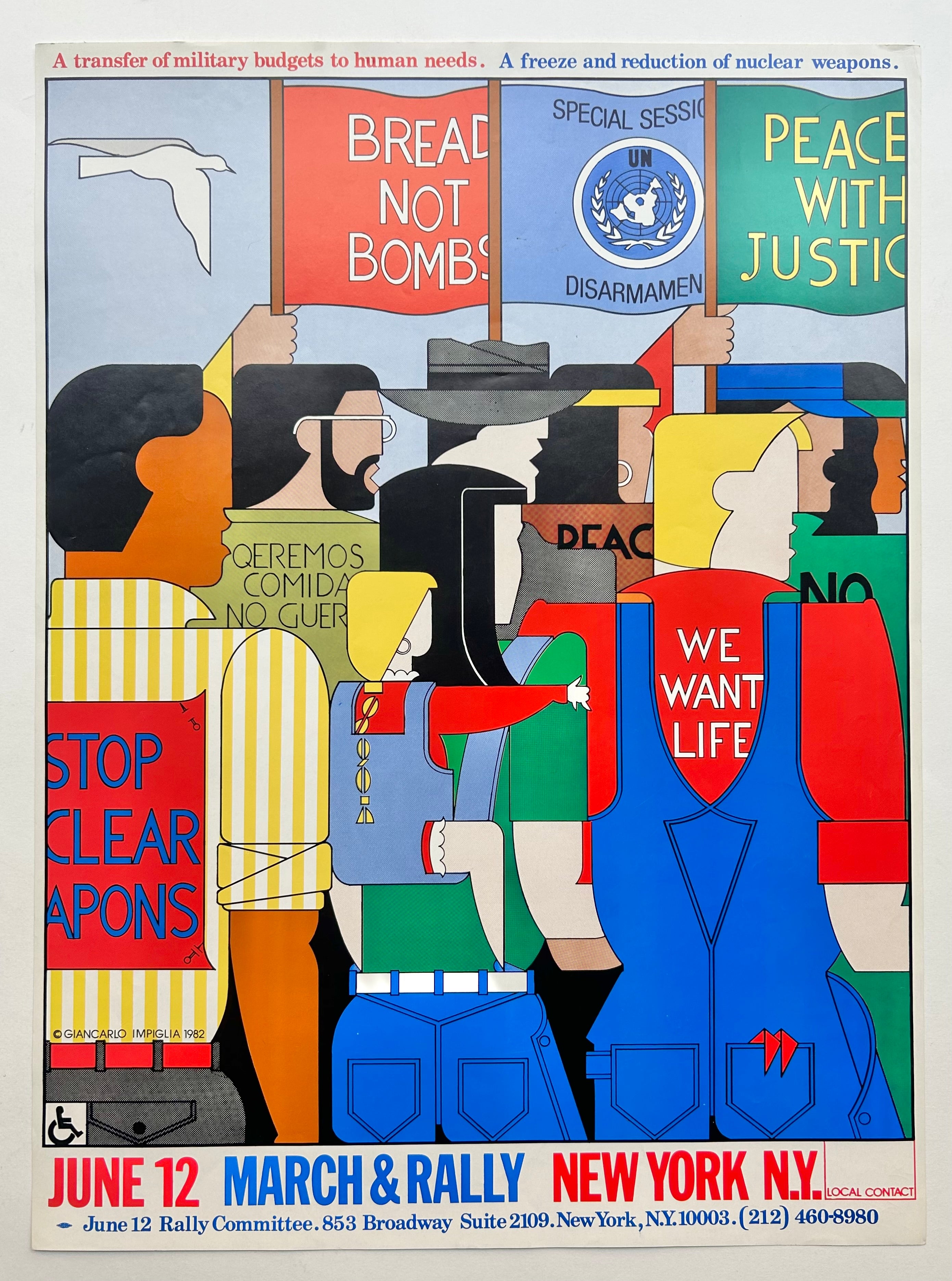White border with red and blue text on the bottom. A colorful cartoon is shown of people protesting with different slogans and signs.