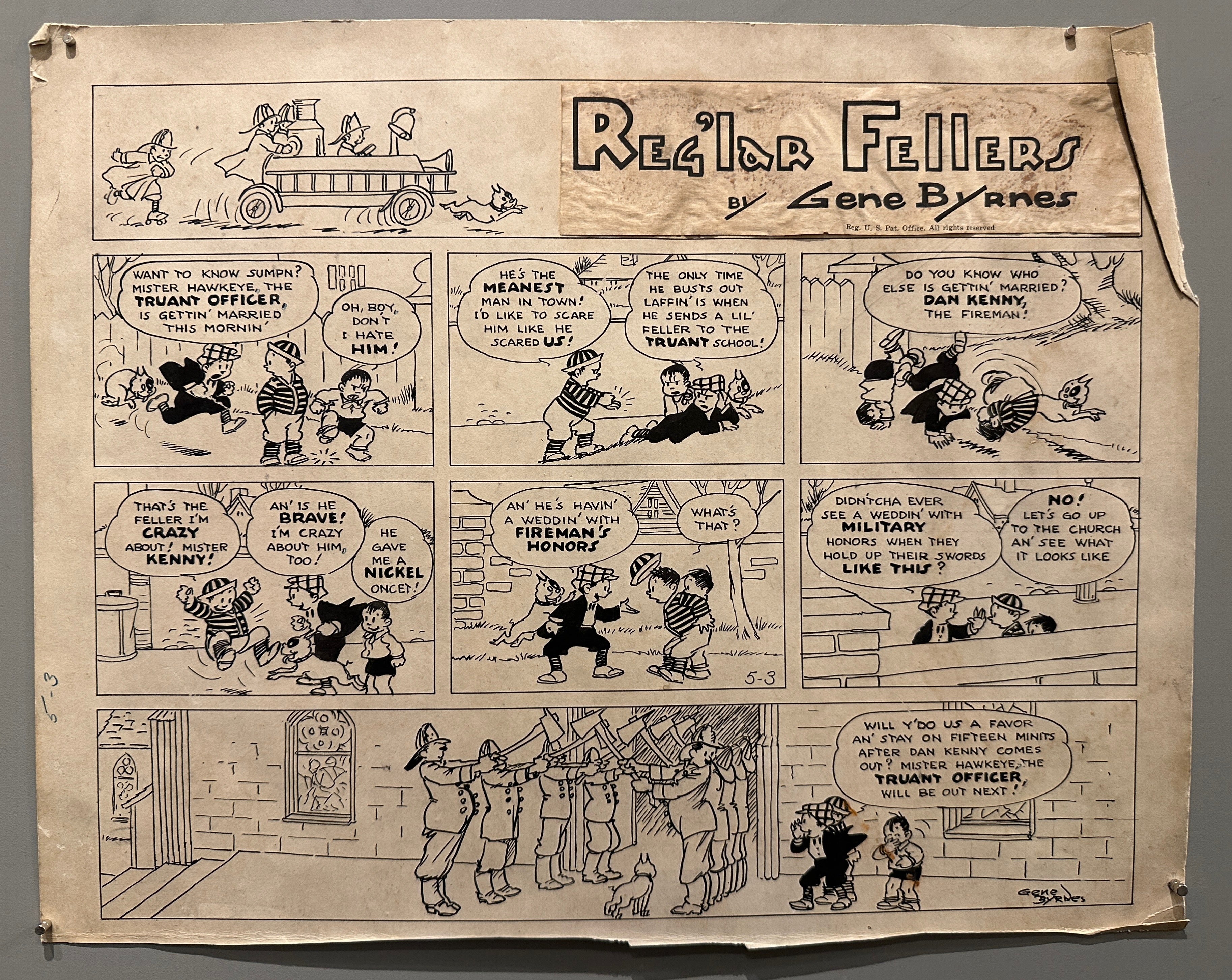 15x18 1940s black and white comic strip from comic strip reg'lar fellers featuring young boys having funny conversation about weddings