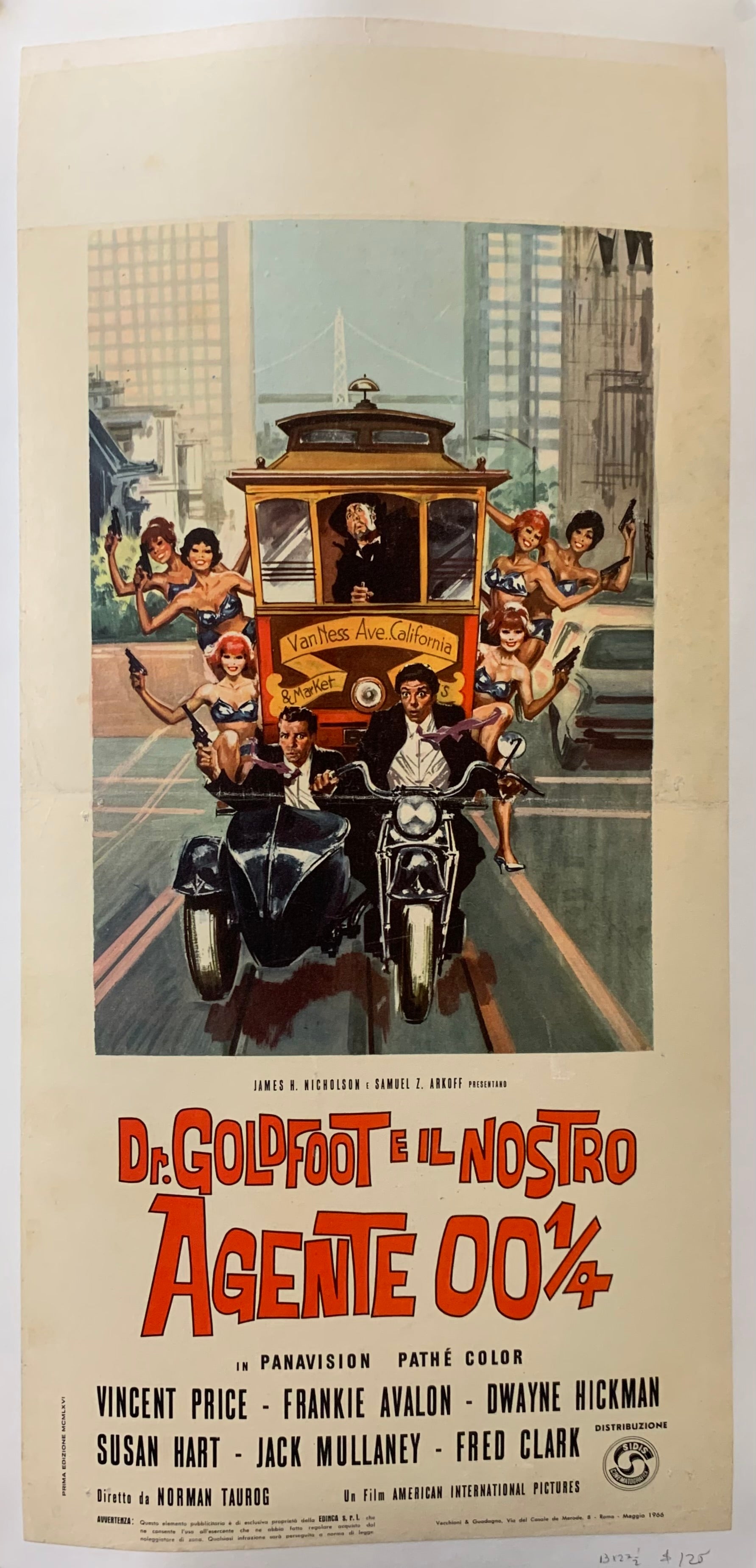 Movie poster shows a cable car with women with guns hanging off, and two men in motorcycles in the front. The text is in red and black.