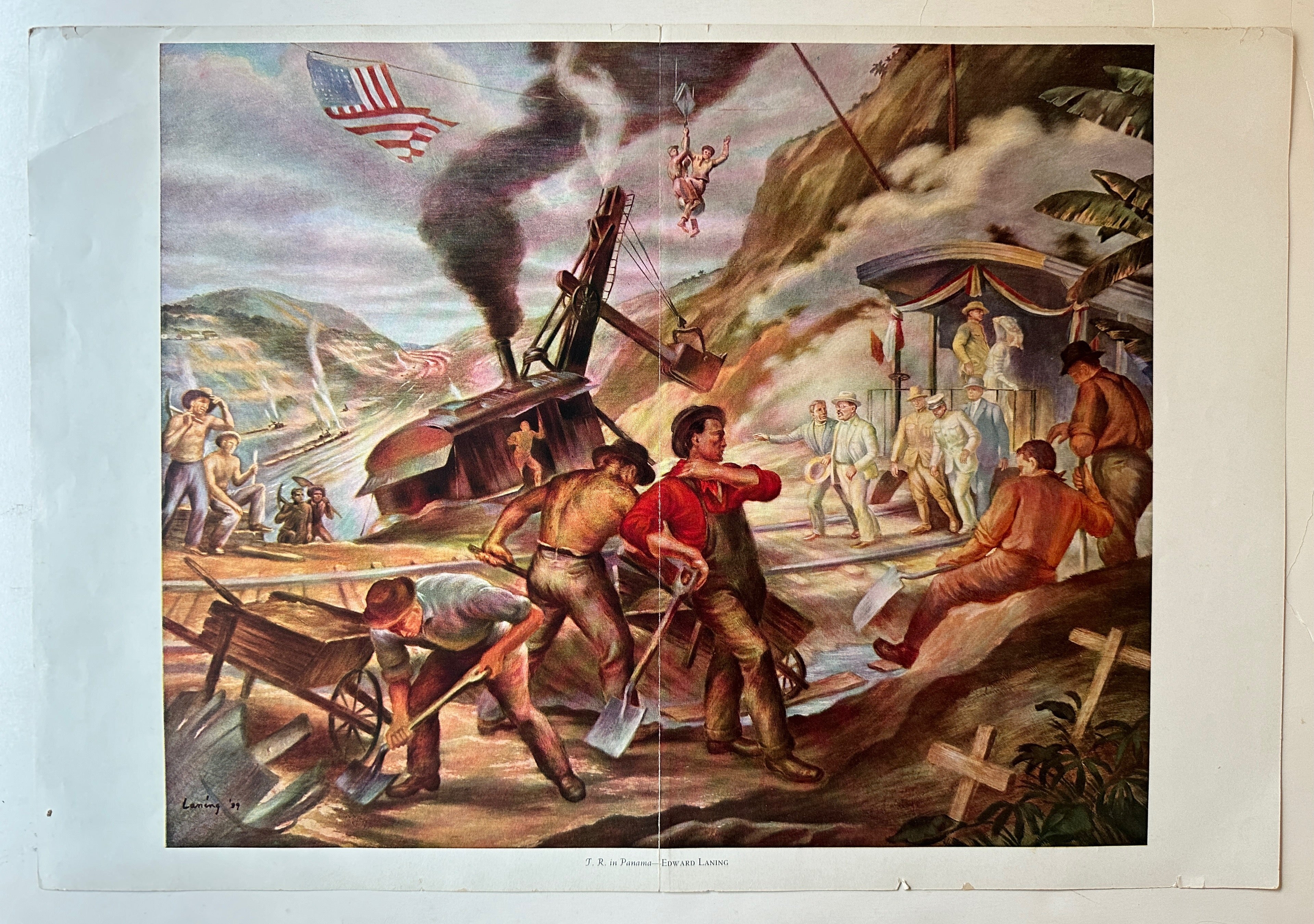 A horizontal reproduction print of Edward Laning's 1939 'T.R. in Panama', an oil on fiberwood painting.