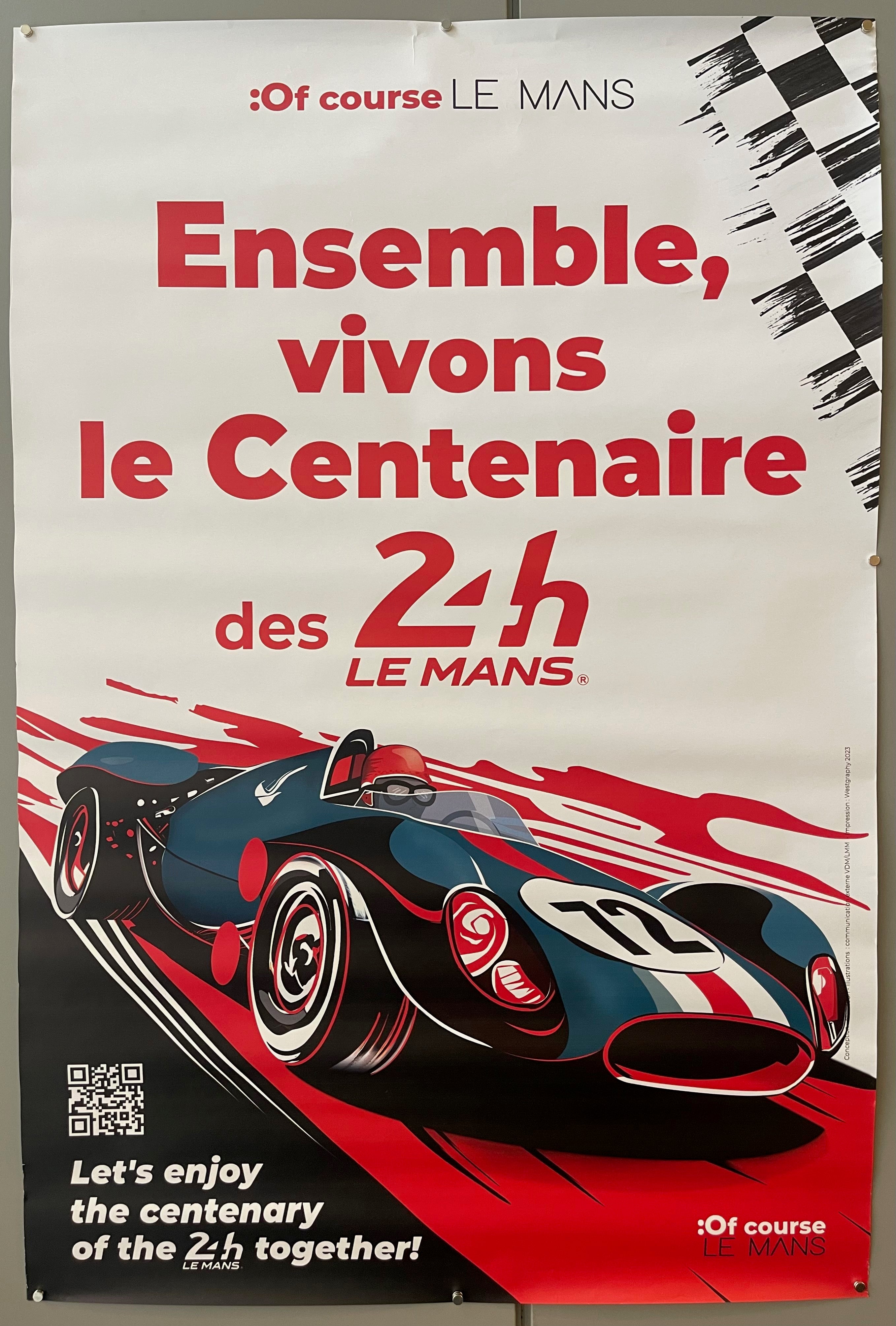 47x31.5 2023 poster for 24 heures le mans centenary celebration featuring slogans and illustration of red, black, blue racecar