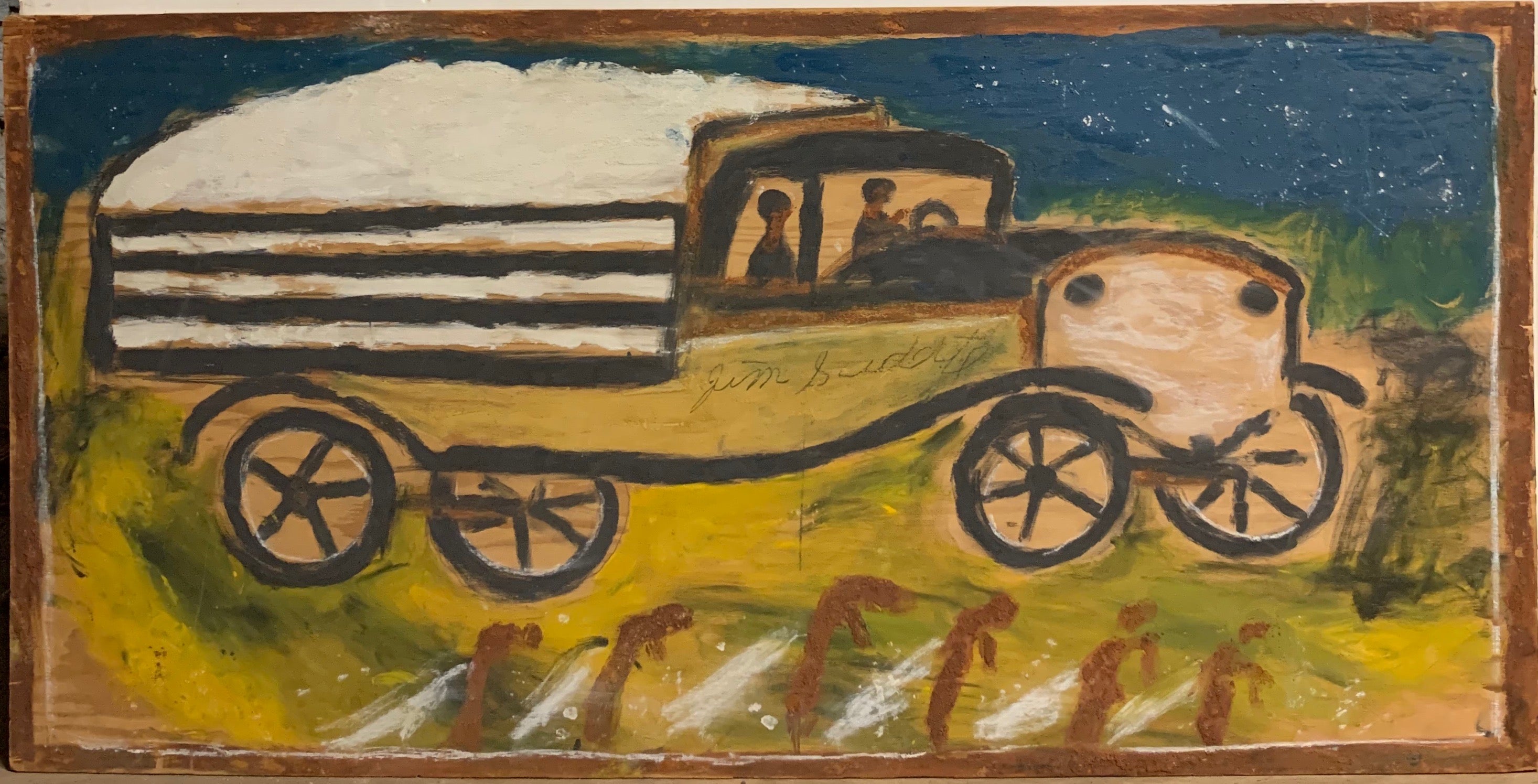 A painting of a car with a load of hay.