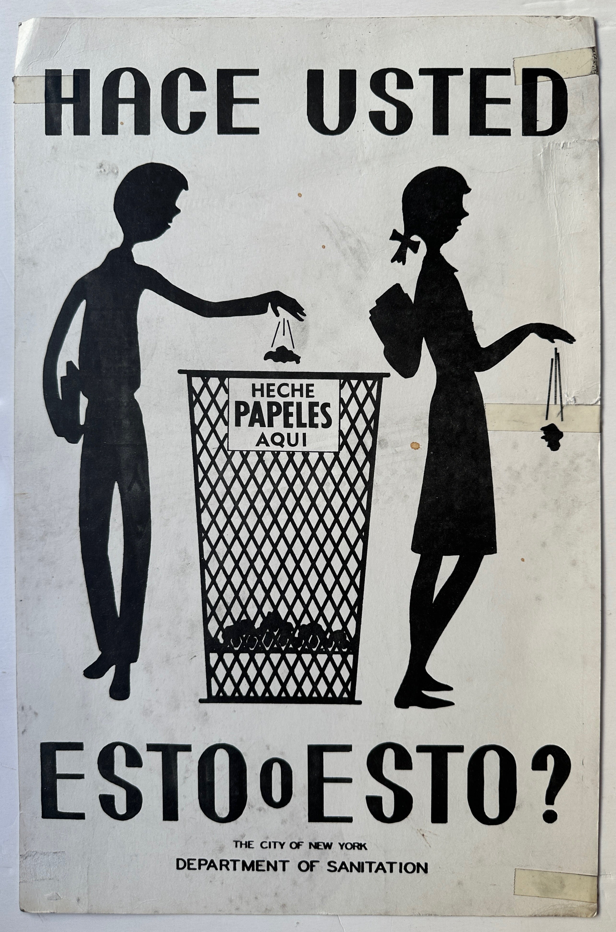 11x17 vertical poster from the Department of Sanitation of two shaded figures throwing away trash and littering in Spanish