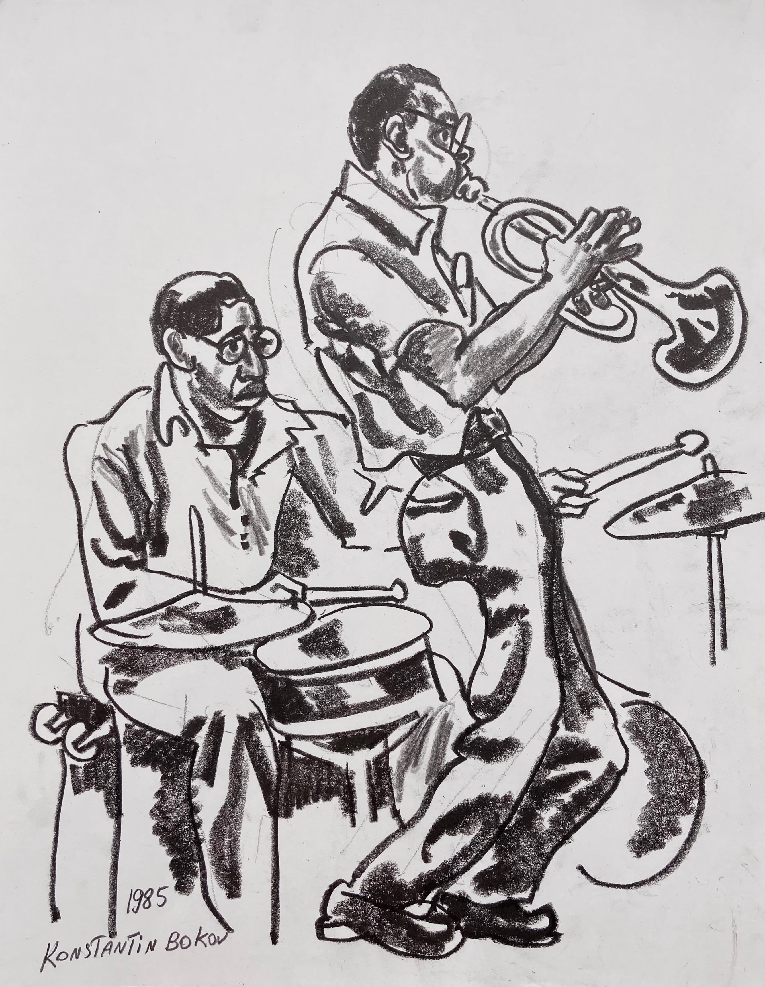 charcoal drawing man playing trumpet and man playing drum
