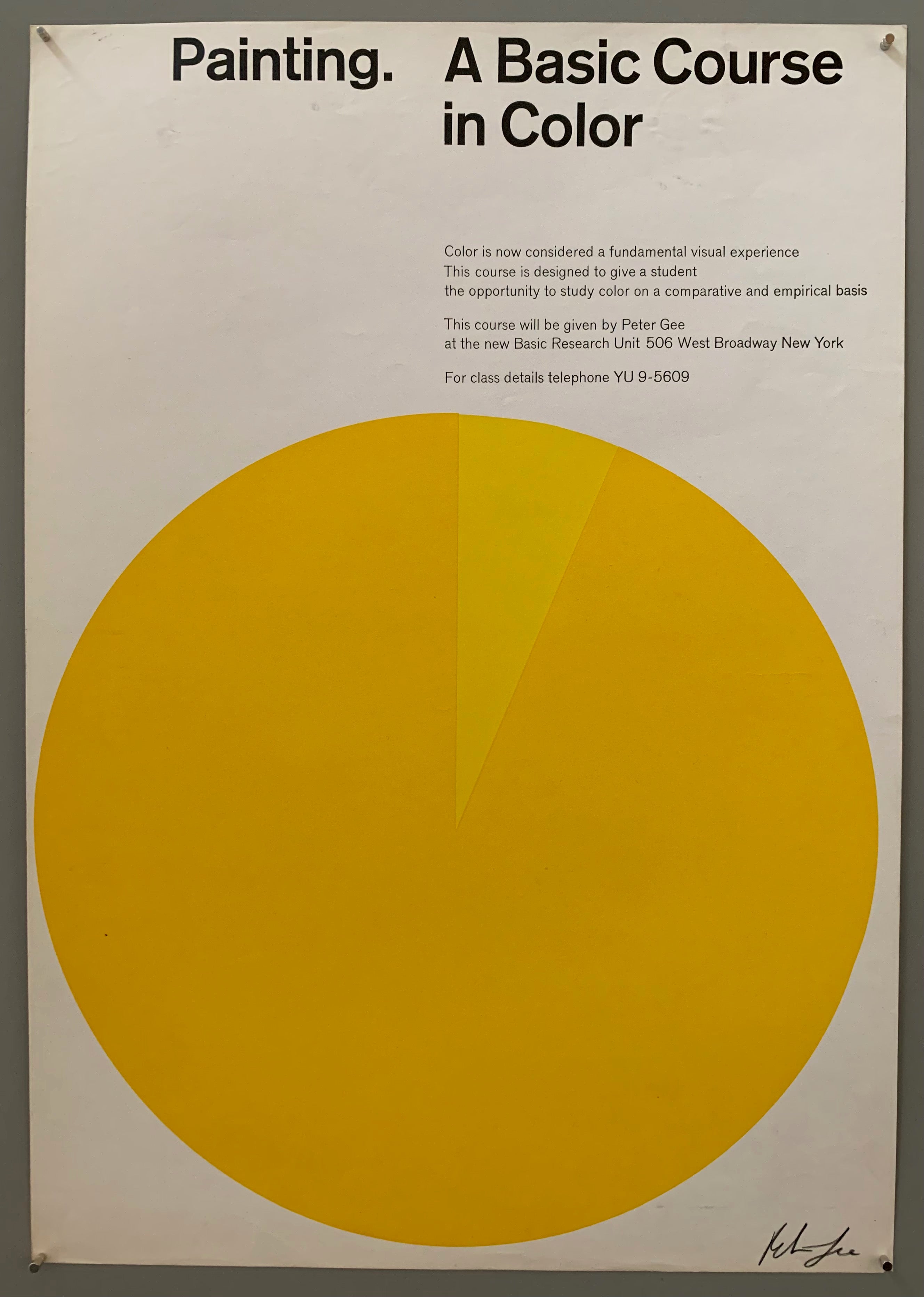 A large circle has a piece cut out of it in a different color. The font is at the top in black. The colors used are lemon yellow and a lighter shade. The paper is plain white.